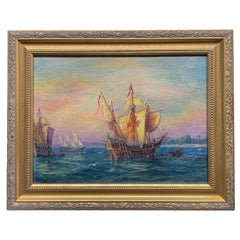 Antique American Nautical Ships Oil Painting "The Discovery" Jamestown Virginia
