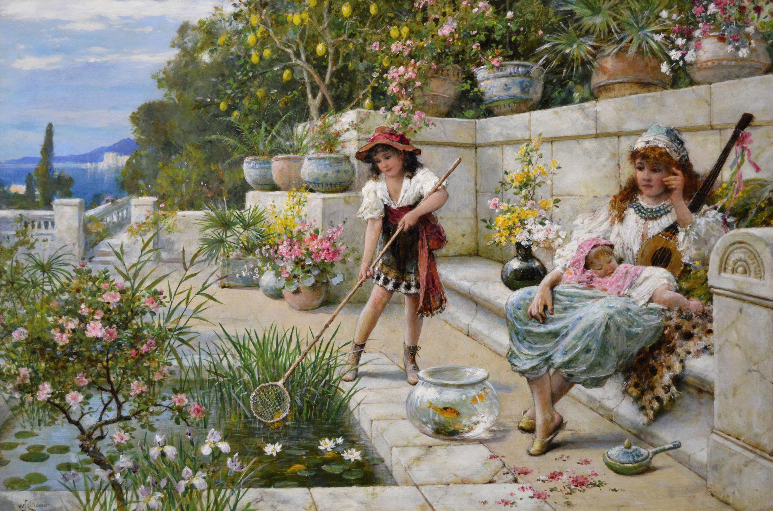 19th Century genre oil painting of a woman in a garden with two girls - Painting by William Stephen Coleman