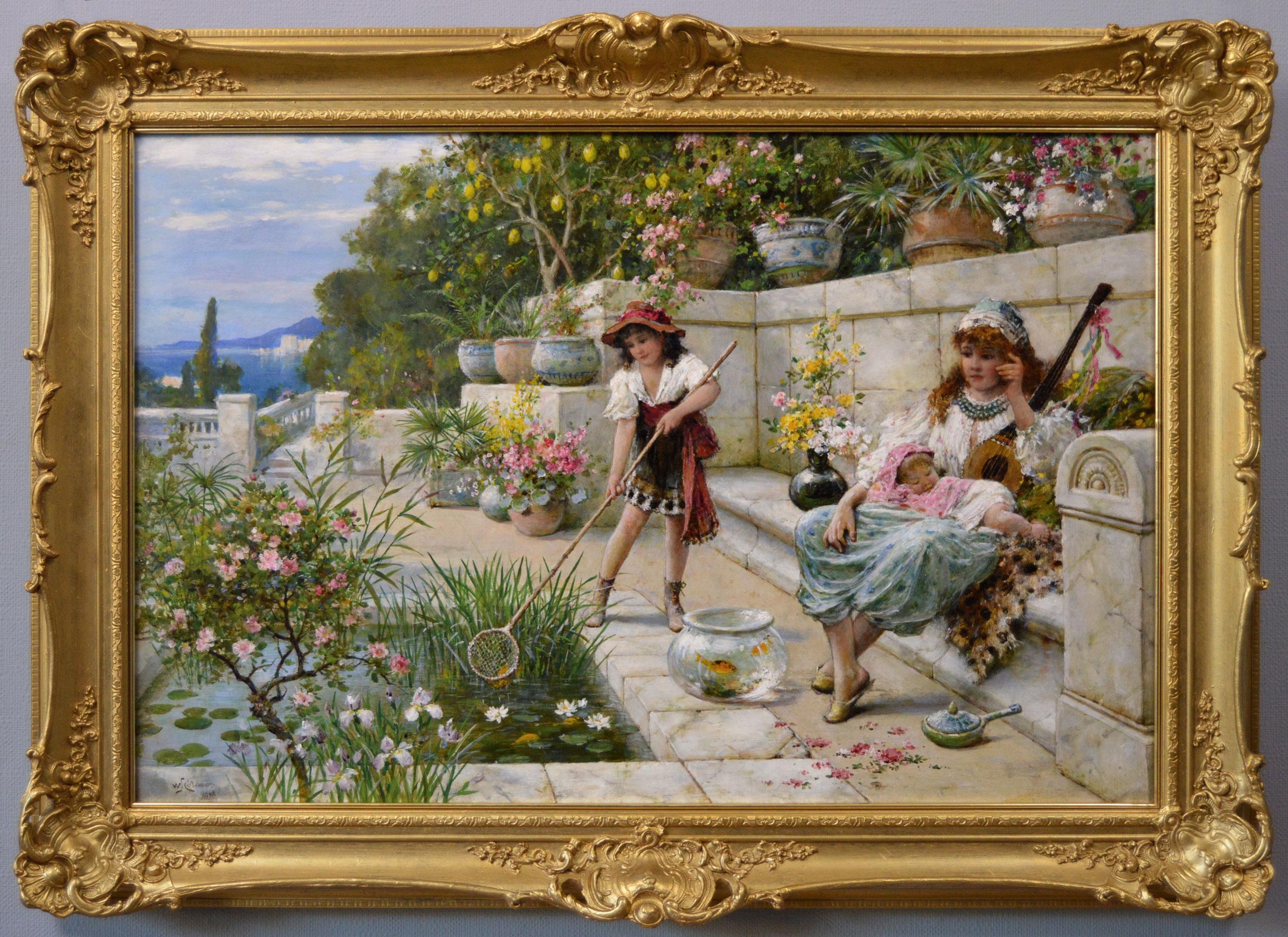 Peinture à l'huile de genre du 19e siècle représentant une femme dans un jardin avec deux filles