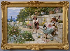 Antique 19th Century genre oil painting of a woman in a garden with two girls