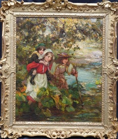 Girls Crossing a Stream - Scottish Victorian Impressionist portrait oil painting