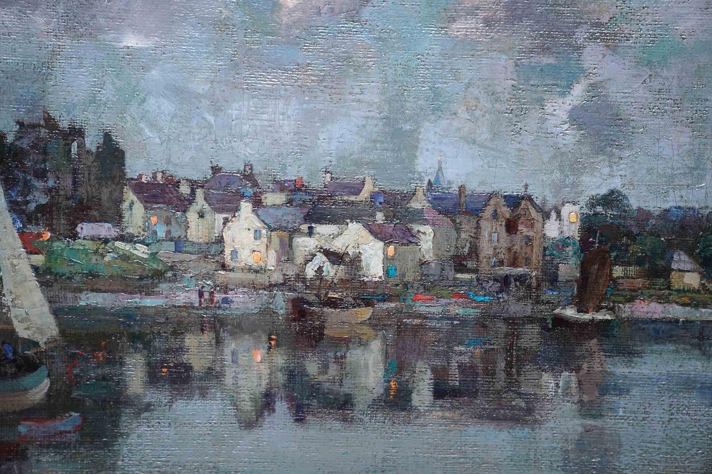This wonderful atmospheric Scottish Impressionist landscape oil painting is by much noted and exhibited Scottish artist William Stewart MacGeorge. Painted circa 1900 the view is of Kirkcudbright in Scotland. Kirkcudbright is a town, parish and a