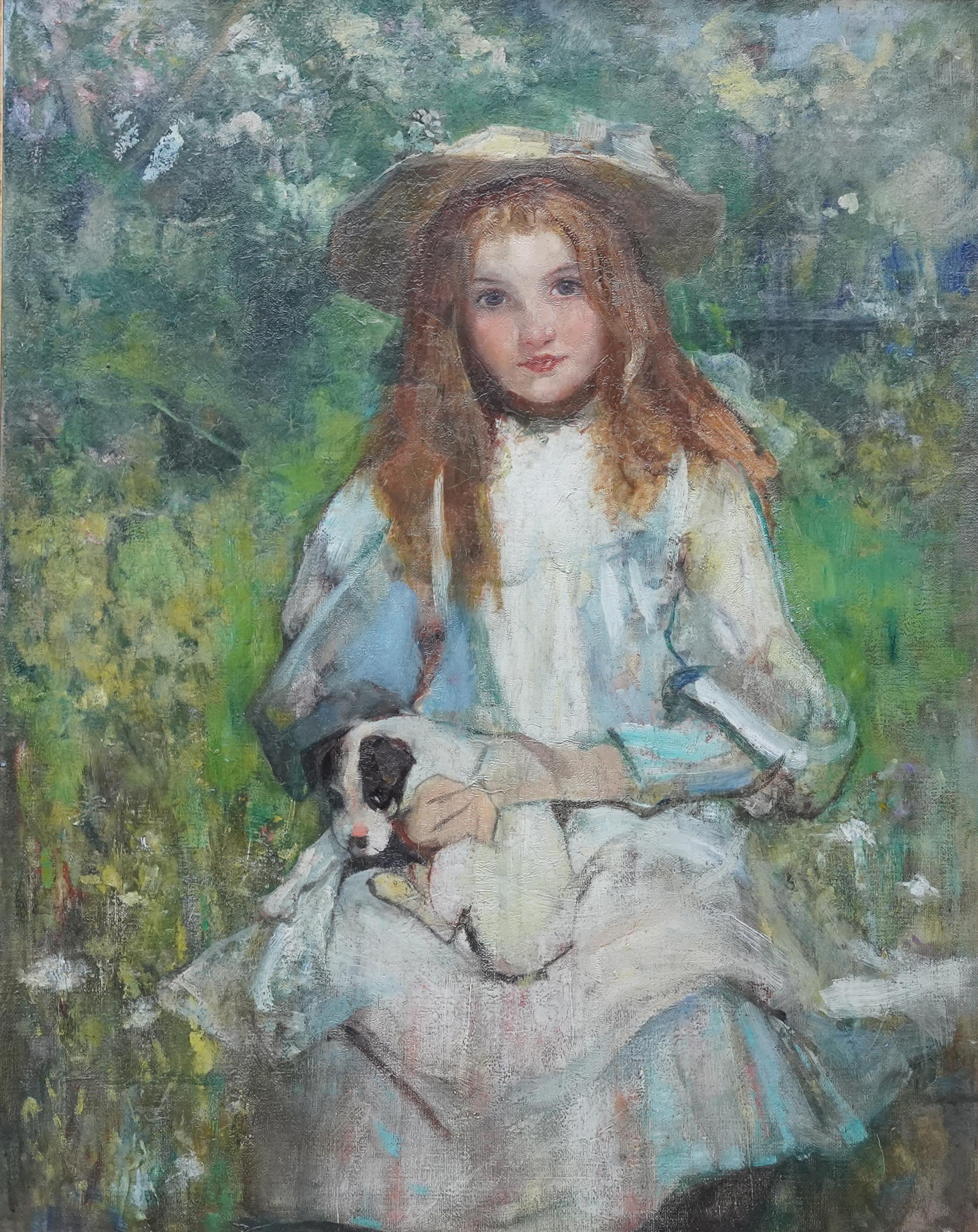 Portrait of a Girl with a Puppy - Scottish Edwardian art portrait oil painting For Sale 6