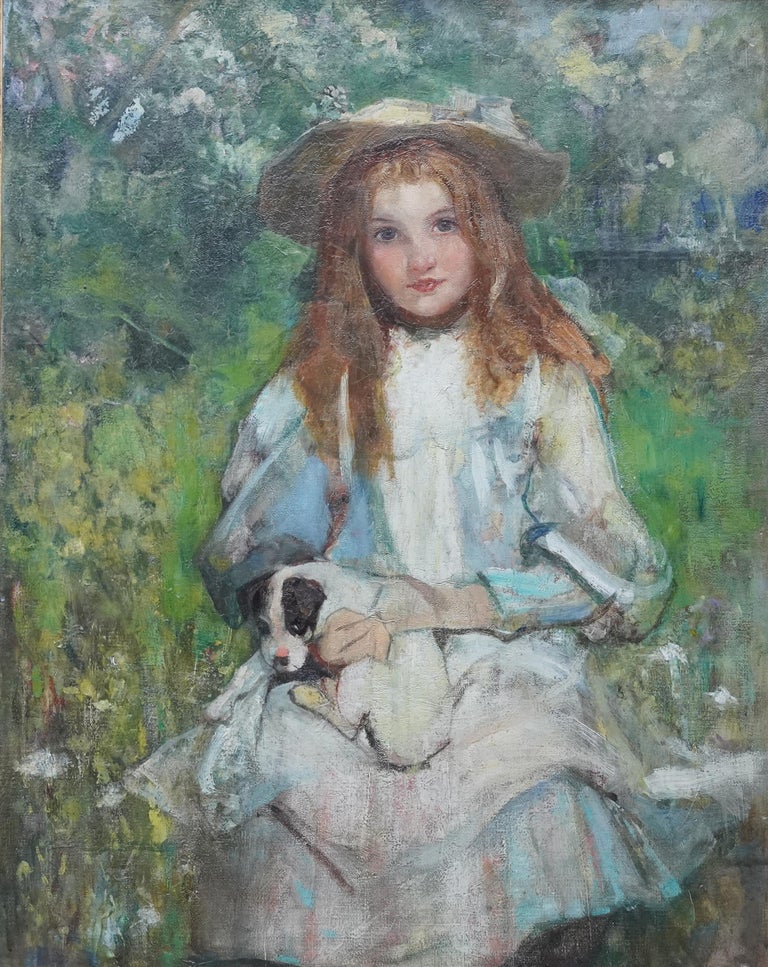 Portrait of a Girl with a Puppy - Scottish Edwardian art portrait oil painting - Painting by William Stewart MacGeorge