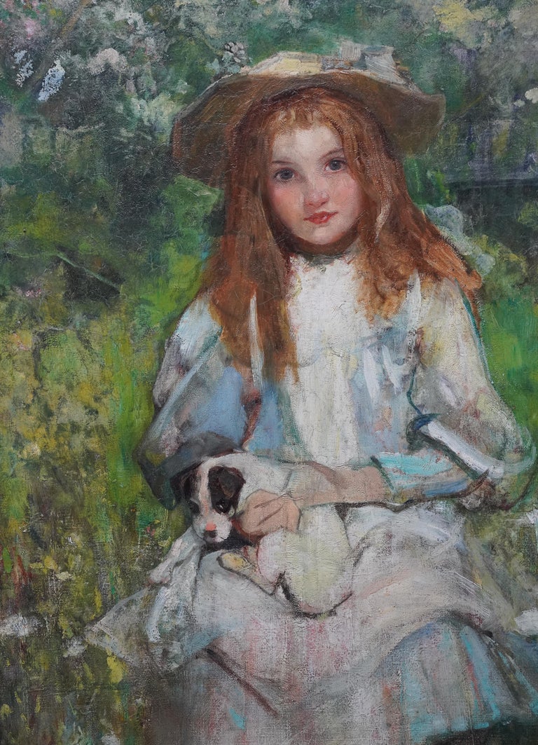 Portrait of a Girl with a Puppy - Scottish Edwardian art portrait oil painting - Realist Painting by William Stewart MacGeorge