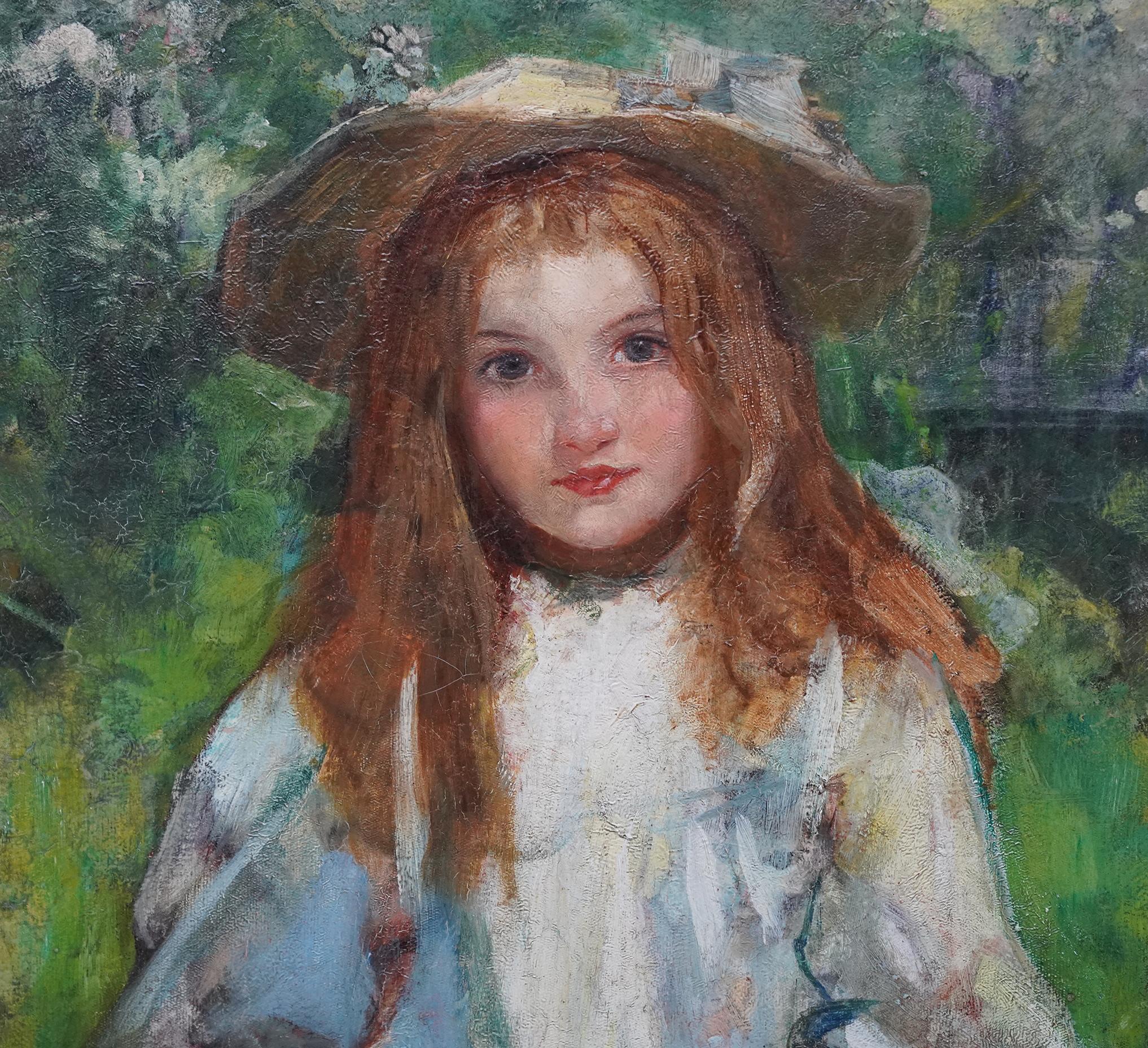 Portrait of a Girl with a Puppy - Scottish Edwardian art portrait oil painting For Sale 1