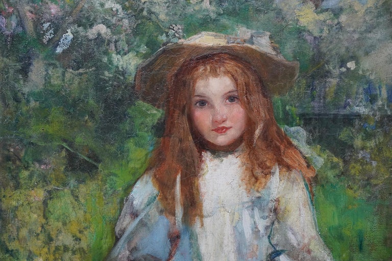 Portrait of a Girl with a Puppy - Scottish Edwardian art portrait oil painting For Sale 1