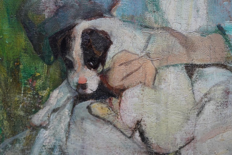 Portrait of a Girl with a Puppy - Scottish Edwardian art portrait oil painting For Sale 2