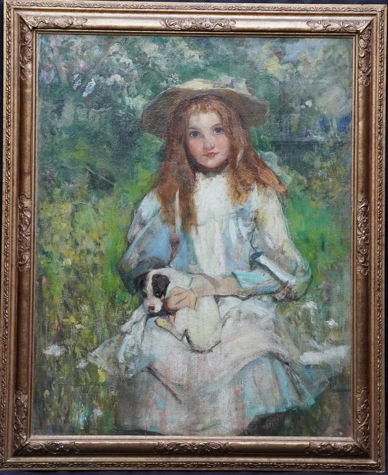 William Stewart MacGeorge Animal Painting - Portrait of a Girl with a Puppy - Scottish Edwardian art portrait oil painting