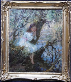 Portrait of a young Girl Day Dreaming by Pool - Scottish Victorian oil painting