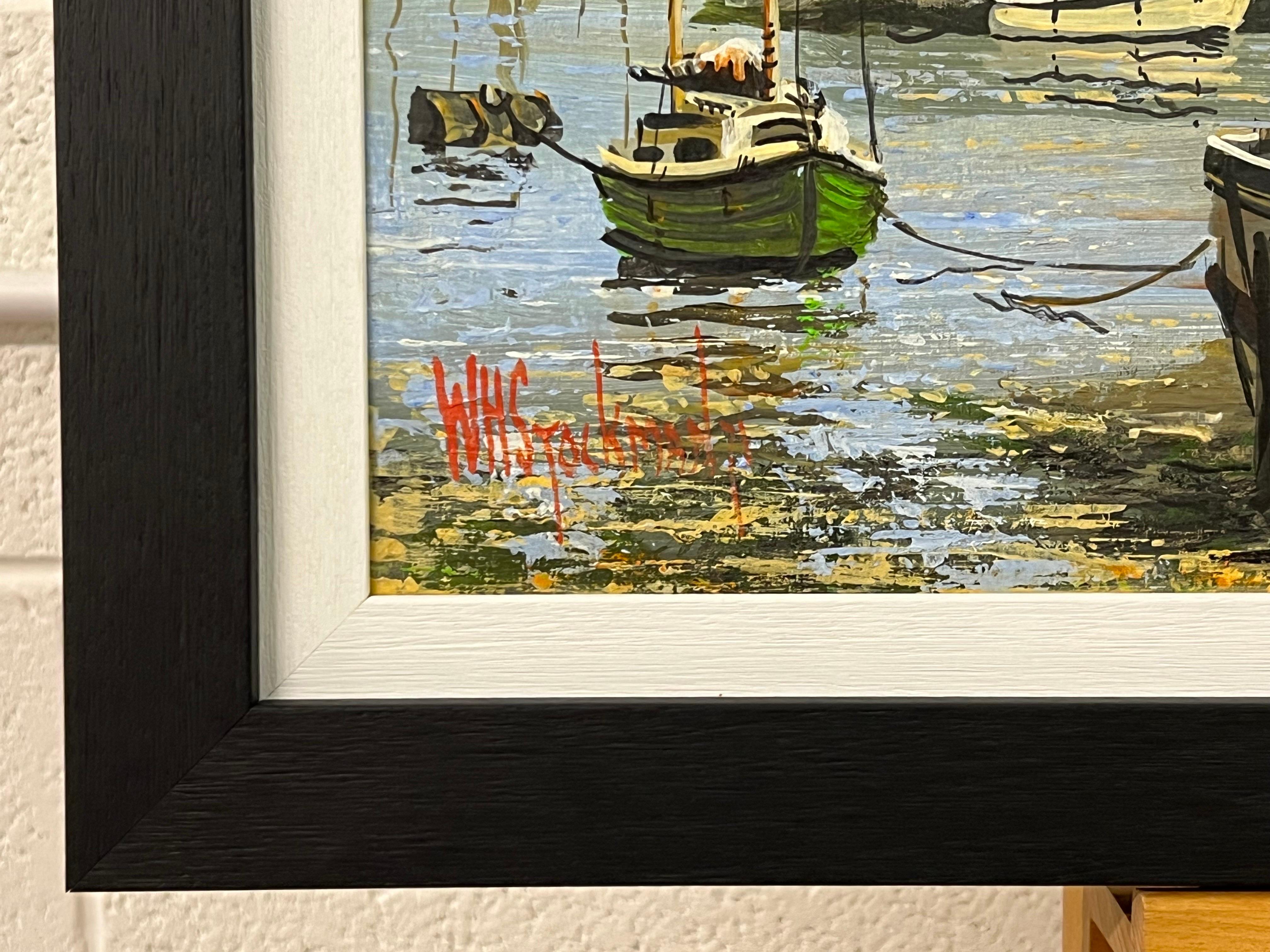Vintage 1970's Harbour Scene with Moored Boats & Figures by British Artist For Sale 8