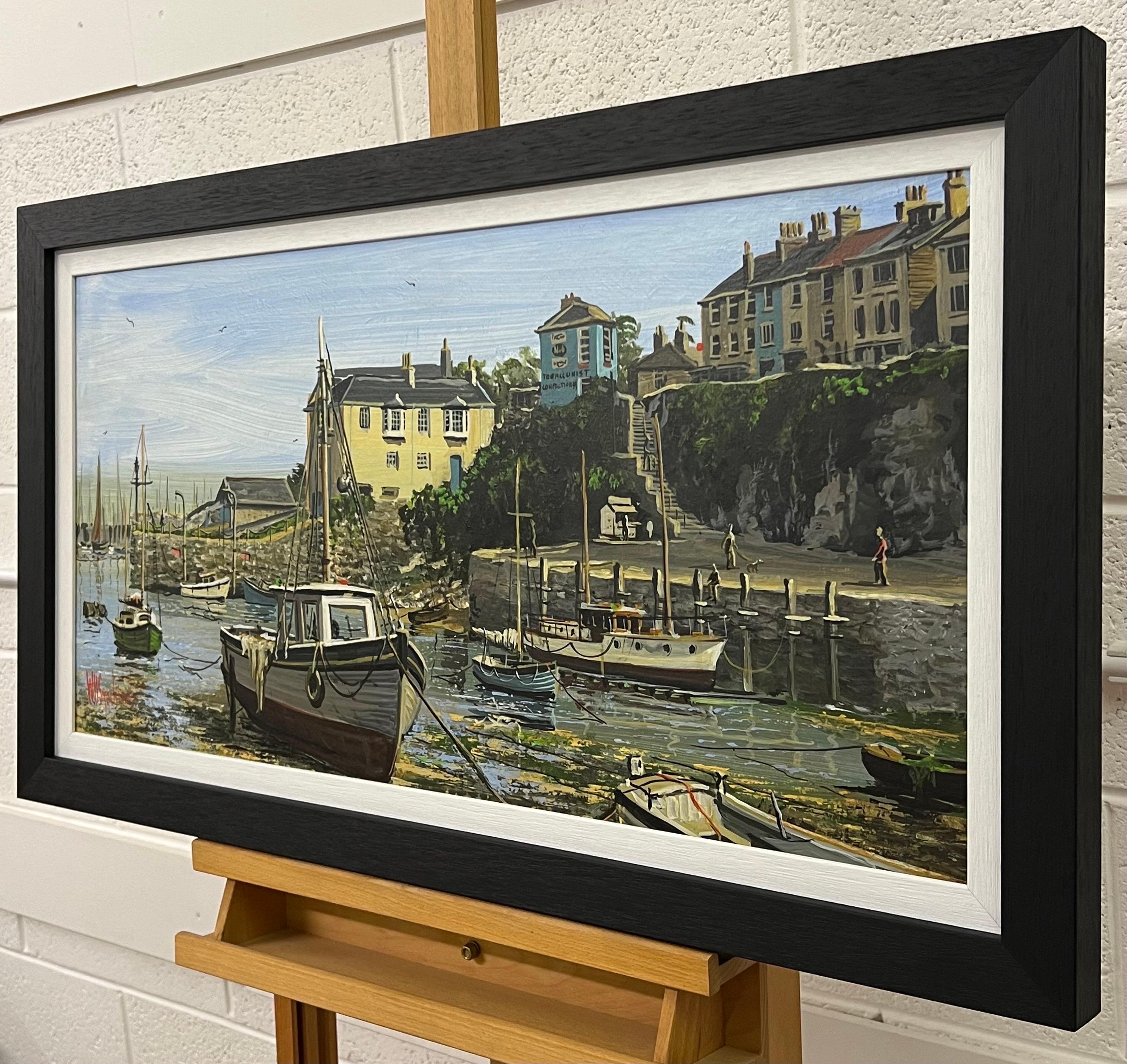 Vintage 1970's Harbour Scene with Moored Boats & Figures by British Artist For Sale 12