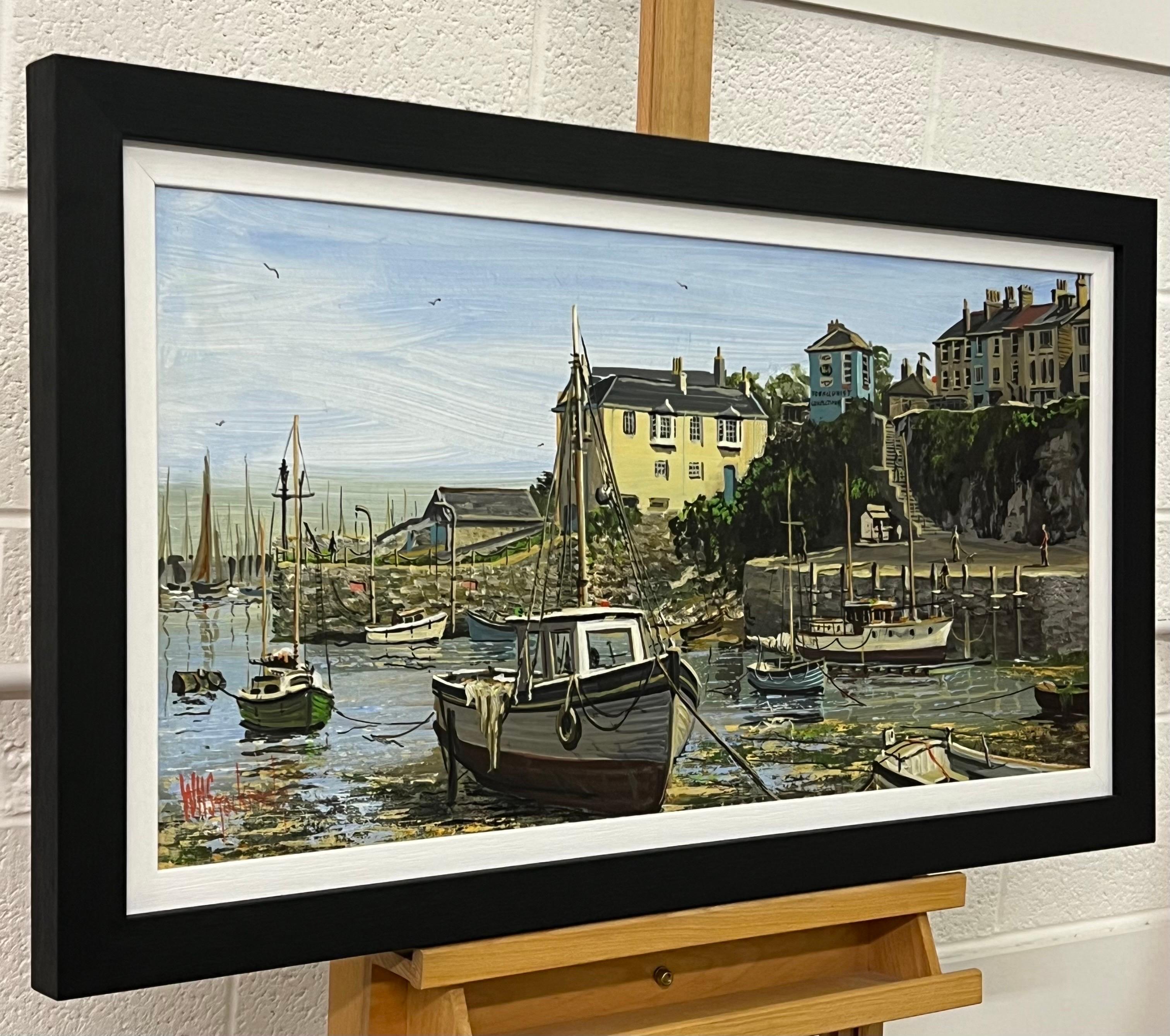 Vintage 1970's Harbour Scene with Moored Boats & Figures by British Artist - Painting by William Stockman