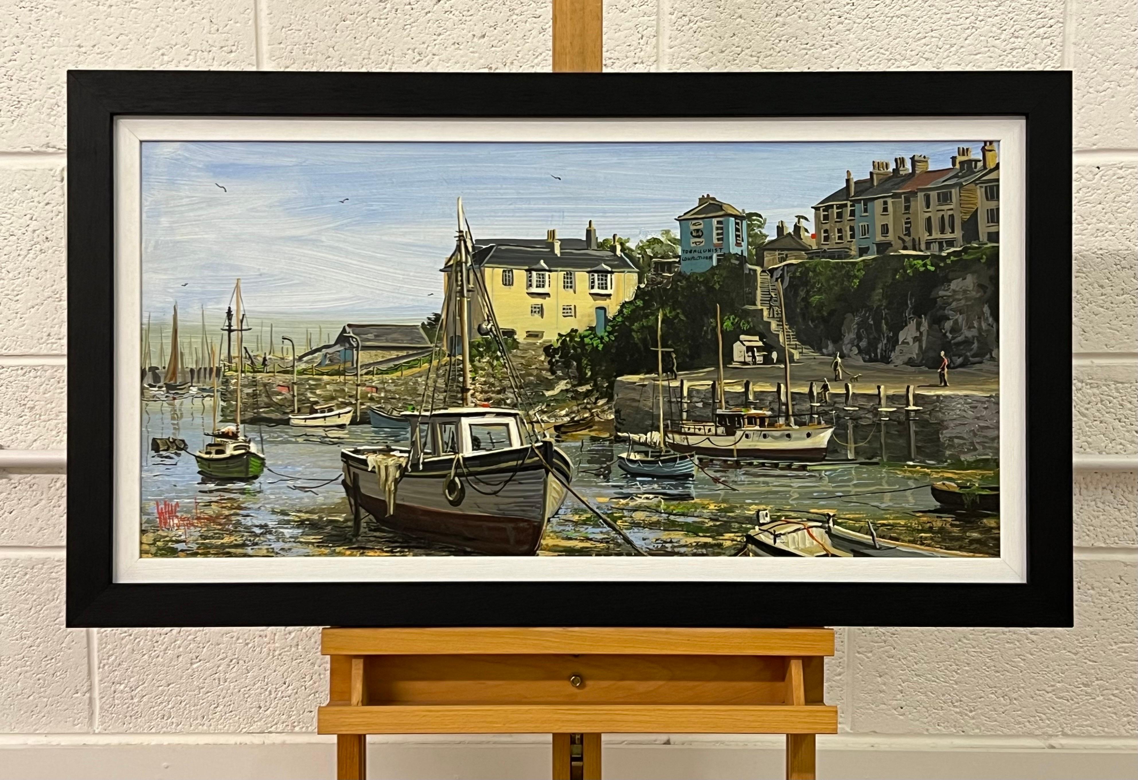 Vintage 1970's Harbour Scene with Moored Boats & Figures by British Artist - Modern Painting by William Stockman