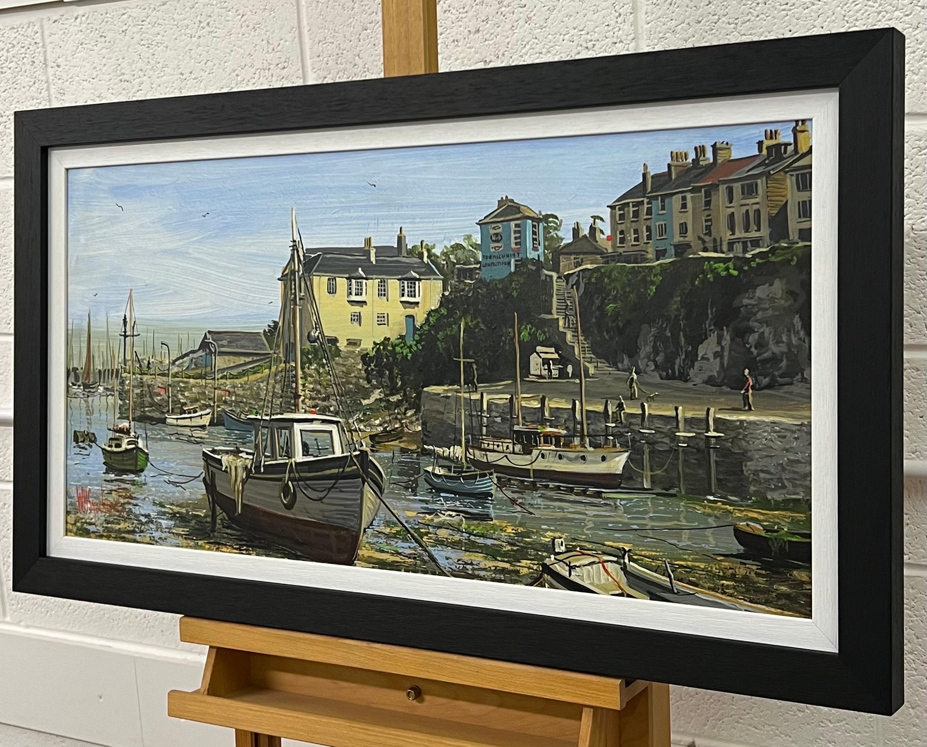 Vintage 1970's Harbour Scene with Moored Boats & Figures by British Artist - Modern Painting by William Stockman