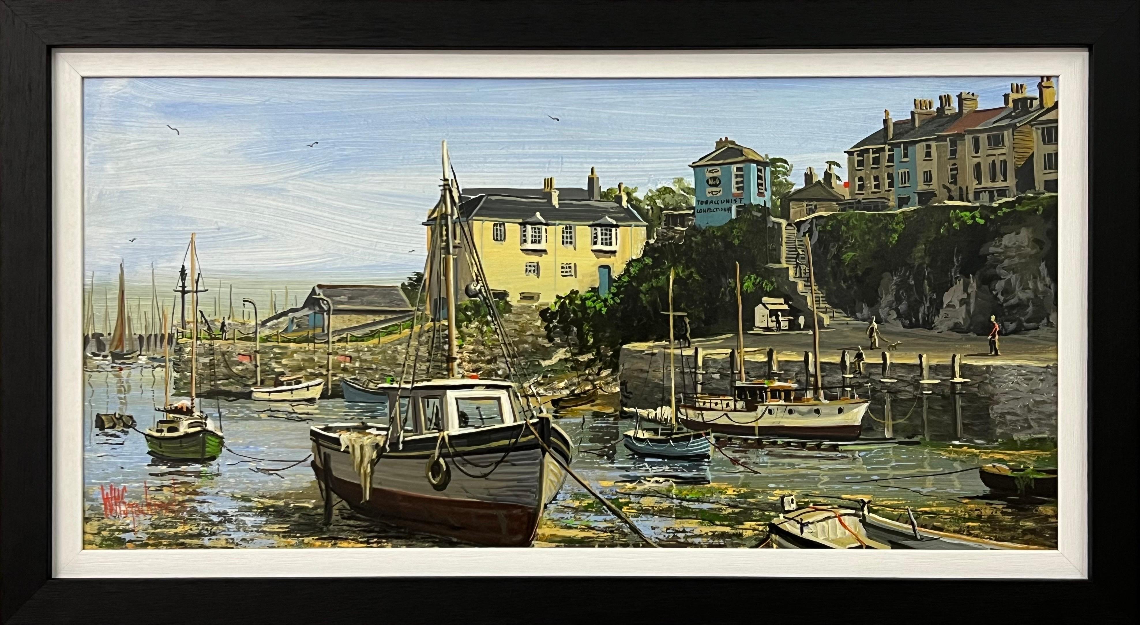 William Stockman Landscape Painting - Vintage 1970's Harbour Scene with Moored Boats & Figures by British Artist