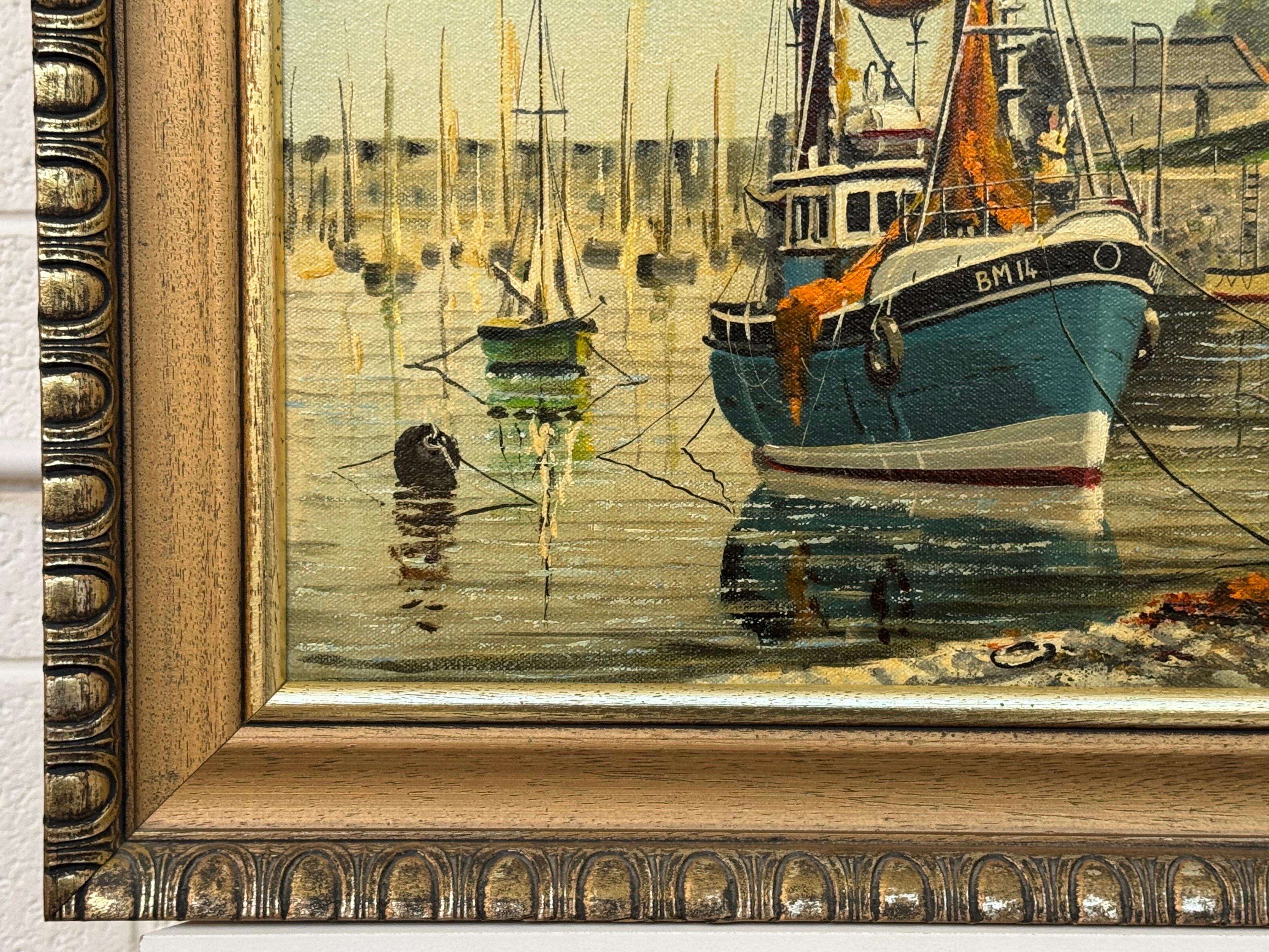 Vintage 1970's Harbour Scene with Moored Boats & Fishermen by British Artist For Sale 5