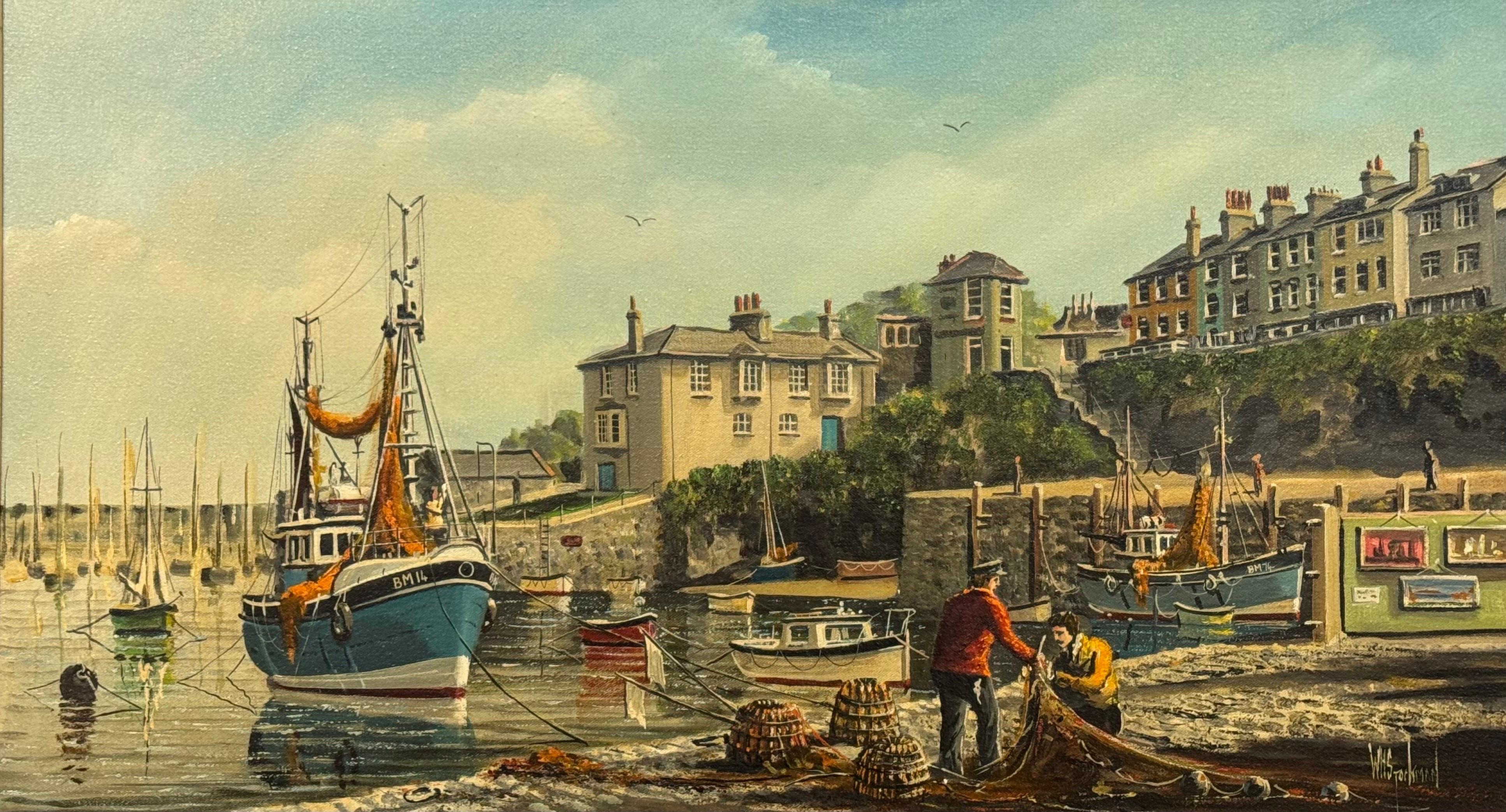 Vintage 1970's Harbour Scene with Moored Boats & Fishermen by British Artist For Sale 7