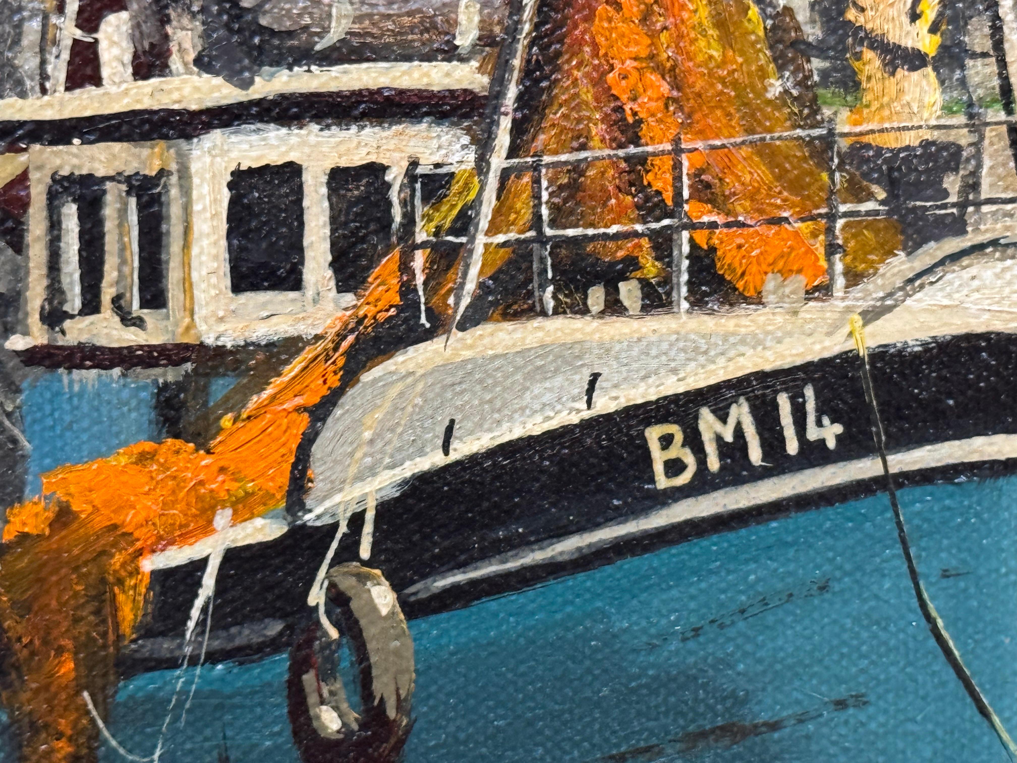 Vintage 1970's Harbour Scene with Moored Boats & Fishermen by British Artist For Sale 9
