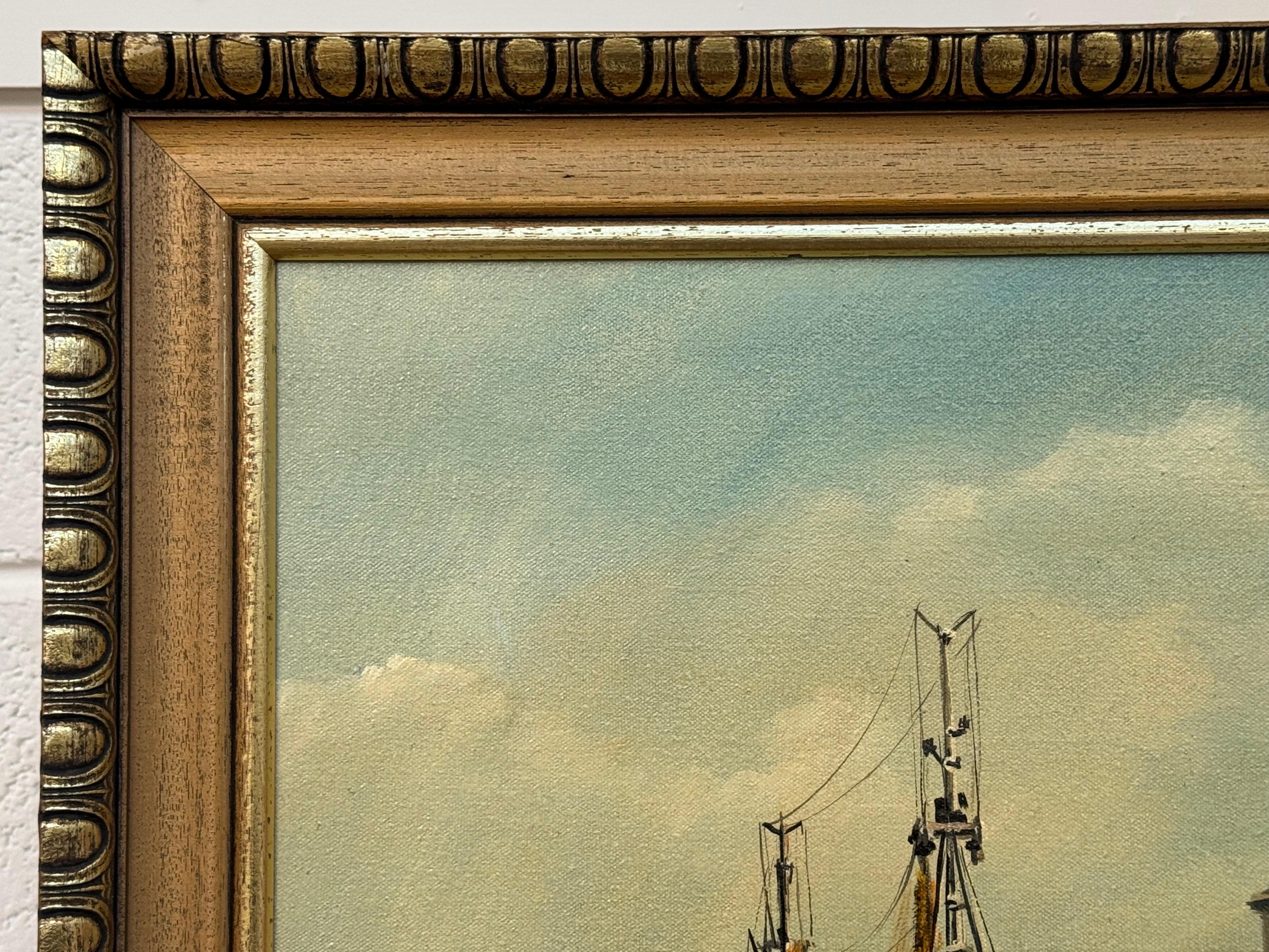 Vintage 1970's Harbour Scene with Moored Boats & Fishermen by British Artist For Sale 10