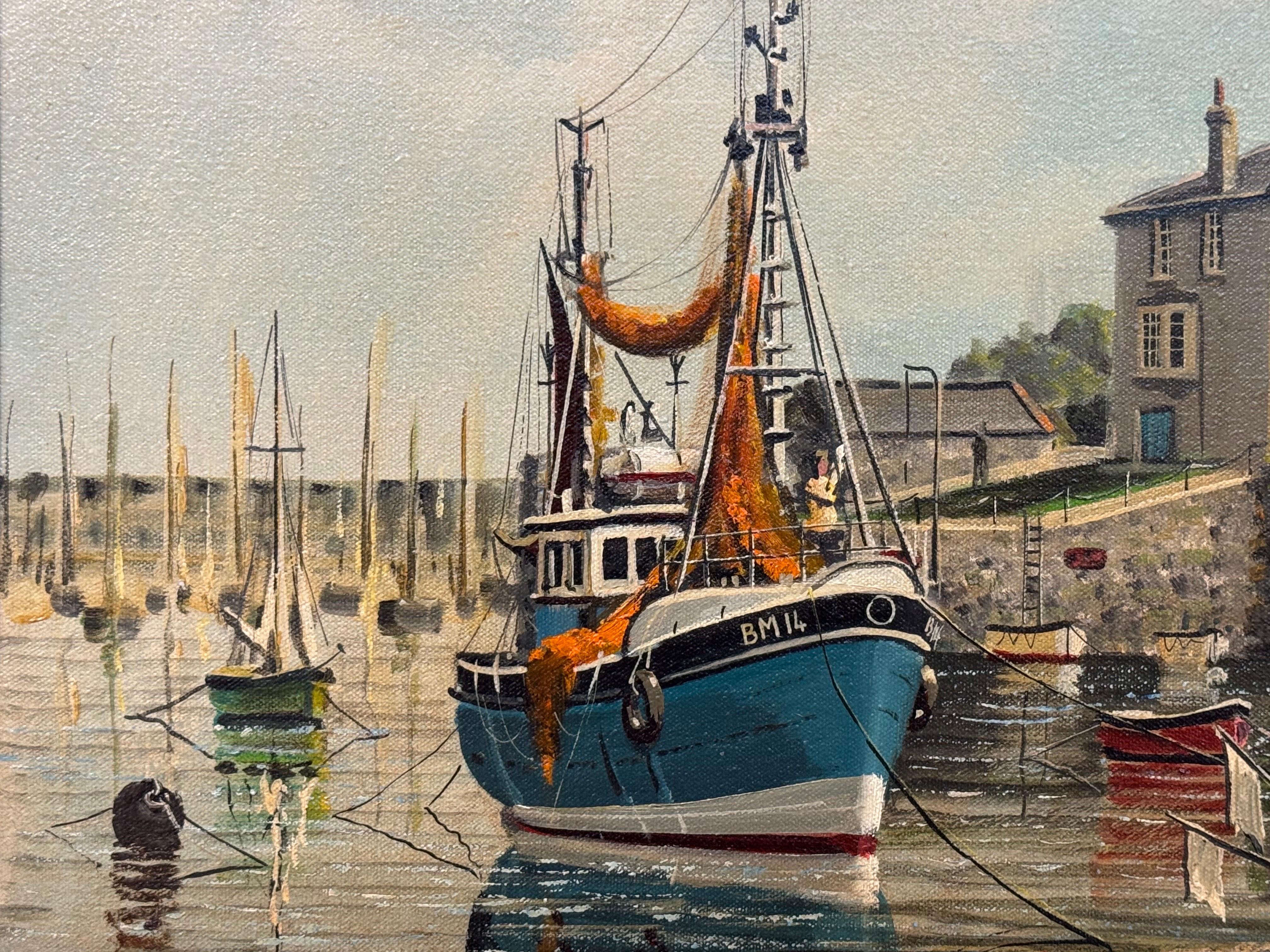 Vintage 1970's Harbour Scene with Moored Boats & Fishermen by British Artist For Sale 14