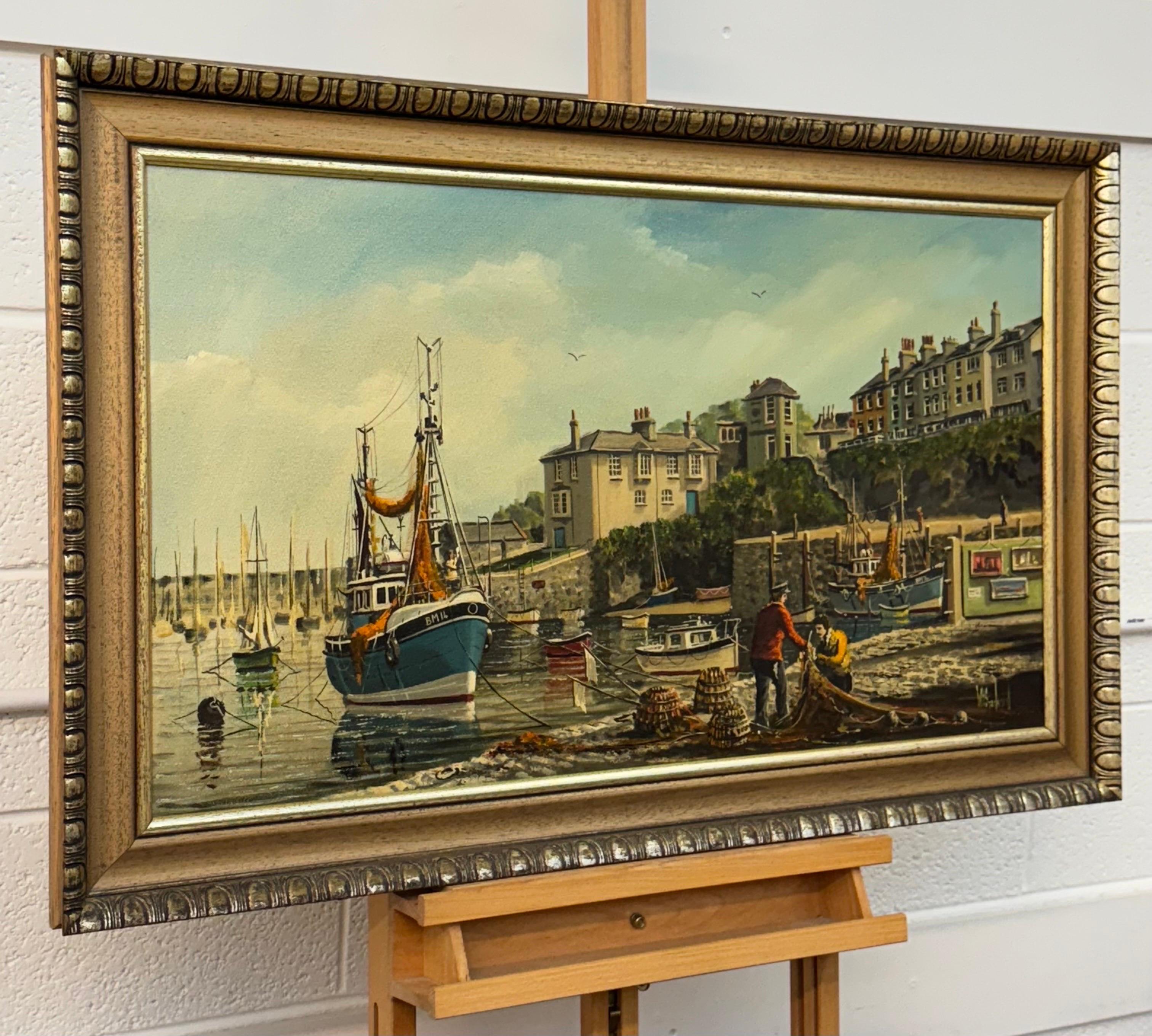 Vintage 1970's Harbour Scene with Moored Boats & Fishermen by British Artist - Painting by William Stockman