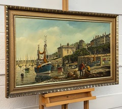 Vintage 1970's Harbour Scene with Moored Boats & Fishermen by British Artist