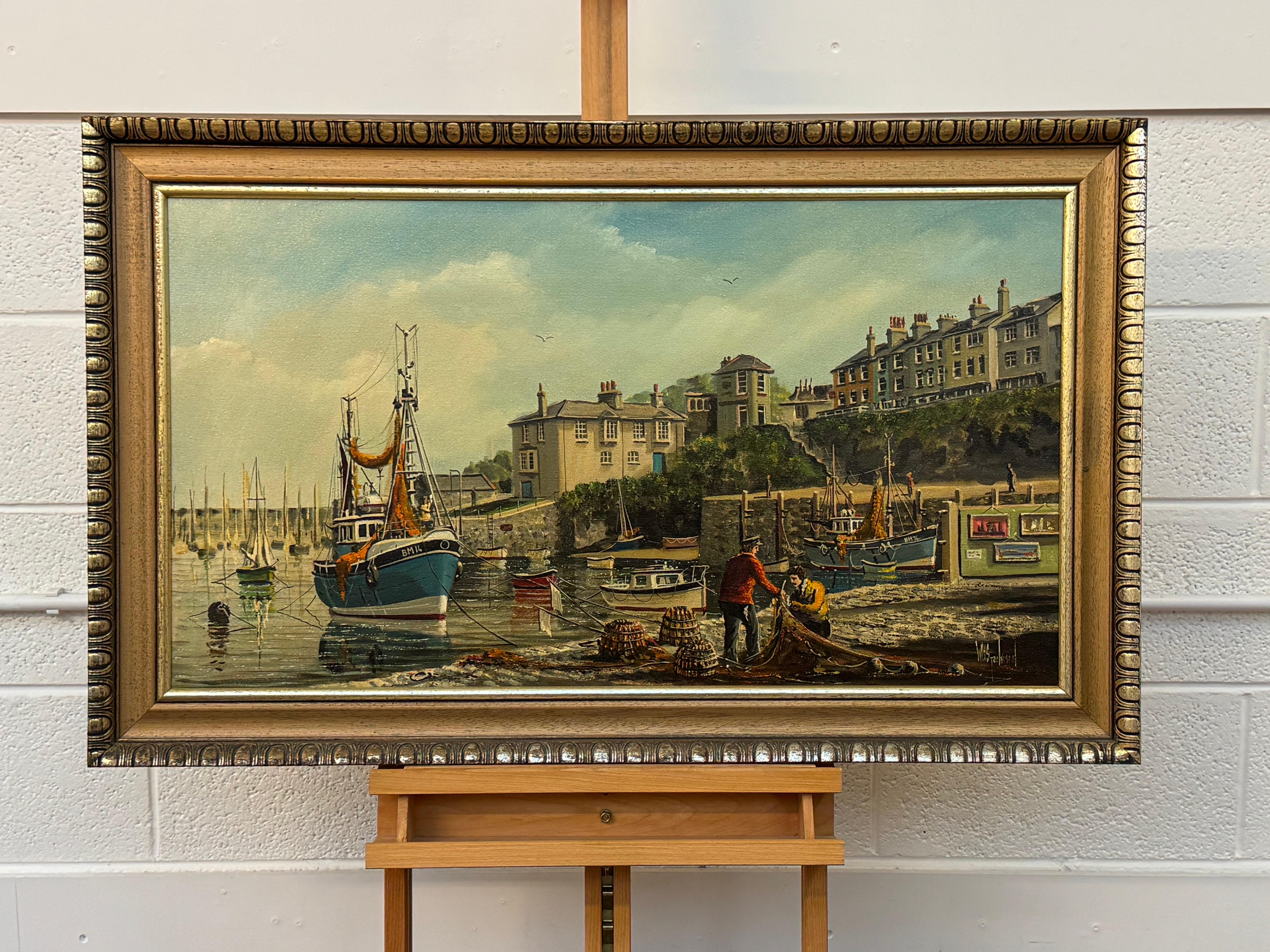 Vintage 1970's Harbour Scene with Moored Boats & Fishermen by British Artist - Modern Painting by William Stockman
