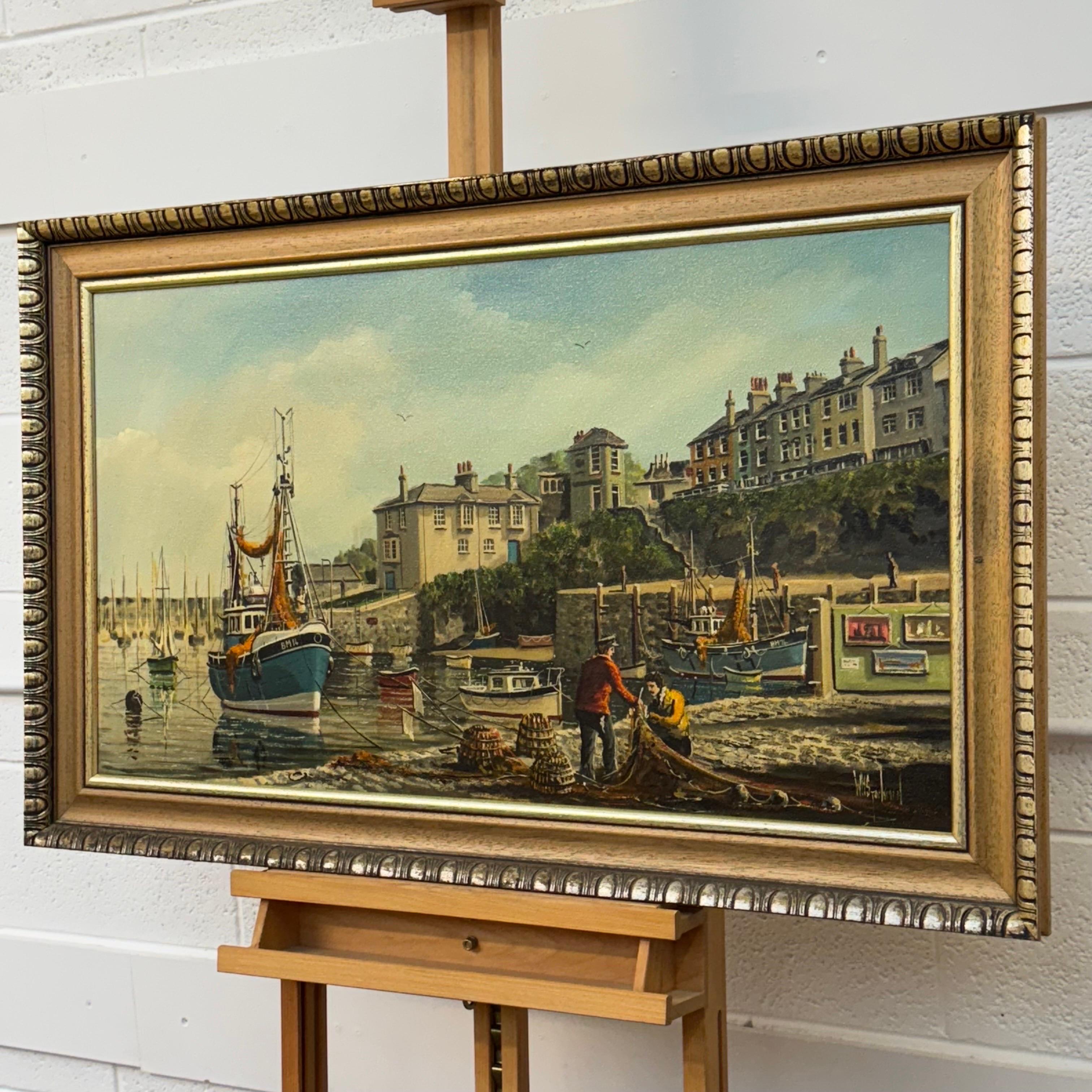 Vintage 1970's Harbour Scene with Moored Boats & Fishermen by British Artist - Brown Landscape Painting by William Stockman