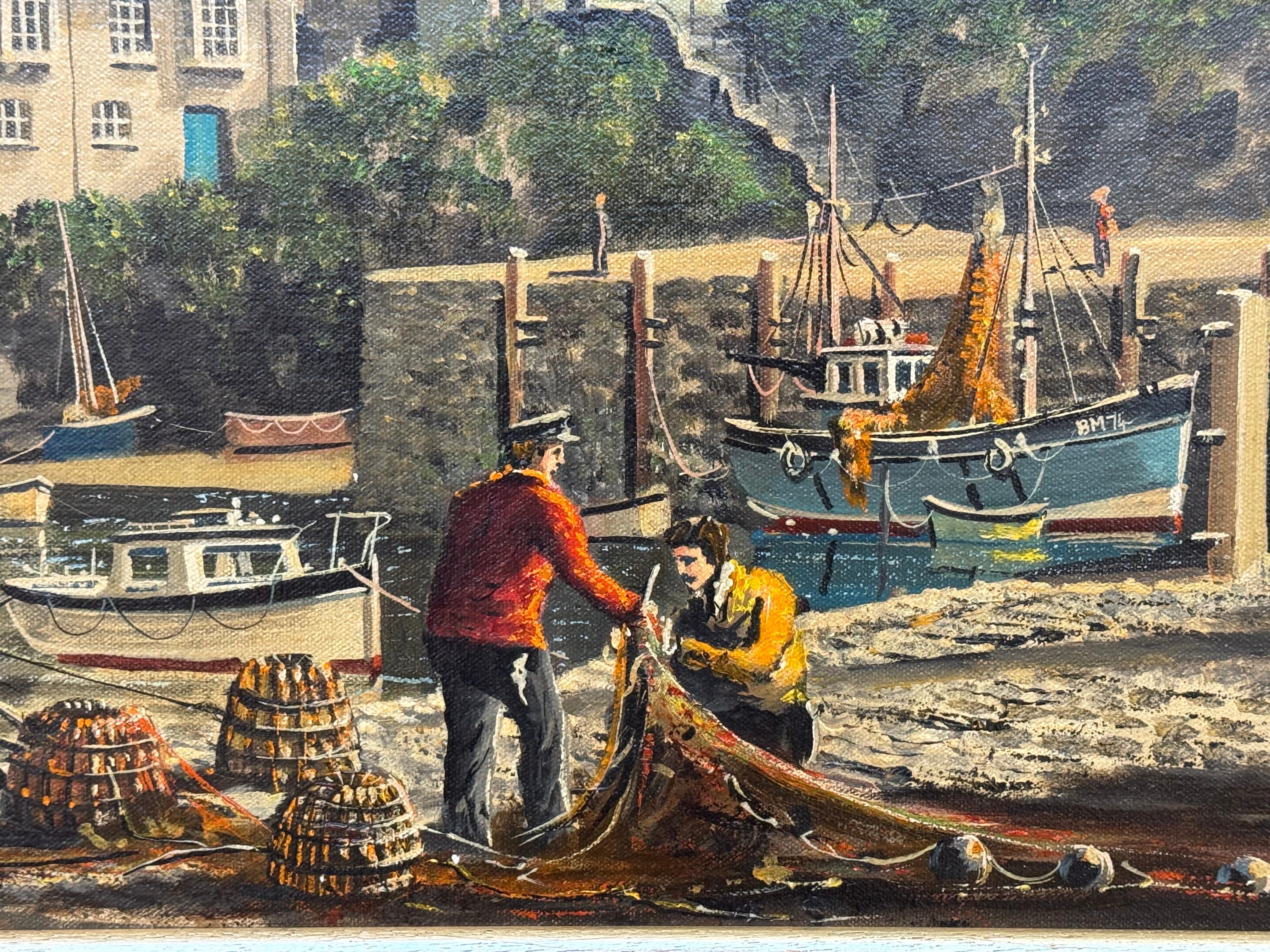 Vintage 1970's Harbour Scene with Moored Boats & Fishermen by British Artist, William Stockman (1935-2021).

Art measures 31 x 15 inches
Frame measures 36 x 20 inches

Fishermen mending nets in a fishing harbour, surrounded by boats &