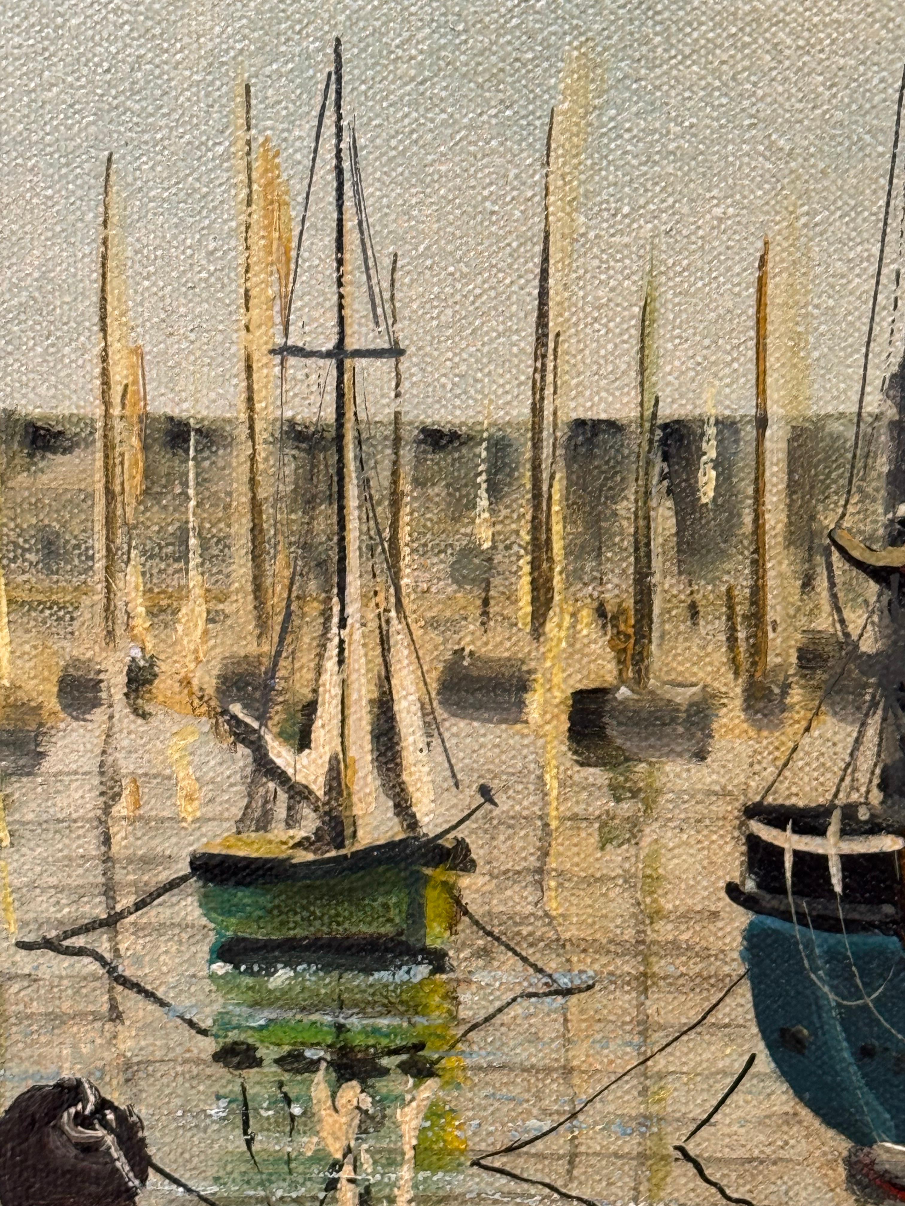 Vintage 1970's Harbour Scene with Moored Boats & Fishermen by British Artist For Sale 1