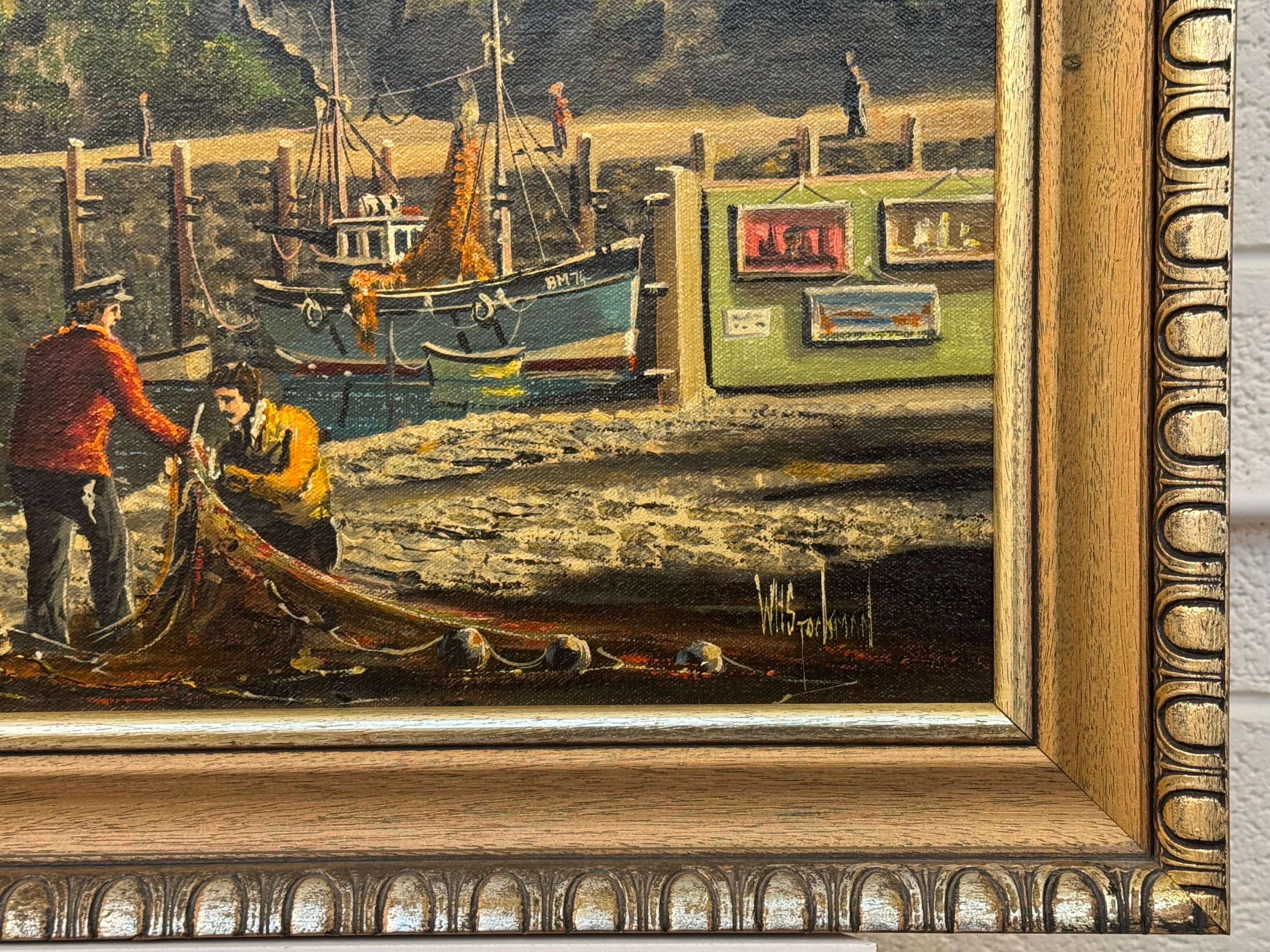 Vintage 1970's Harbour Scene with Moored Boats & Fishermen by British Artist For Sale 2