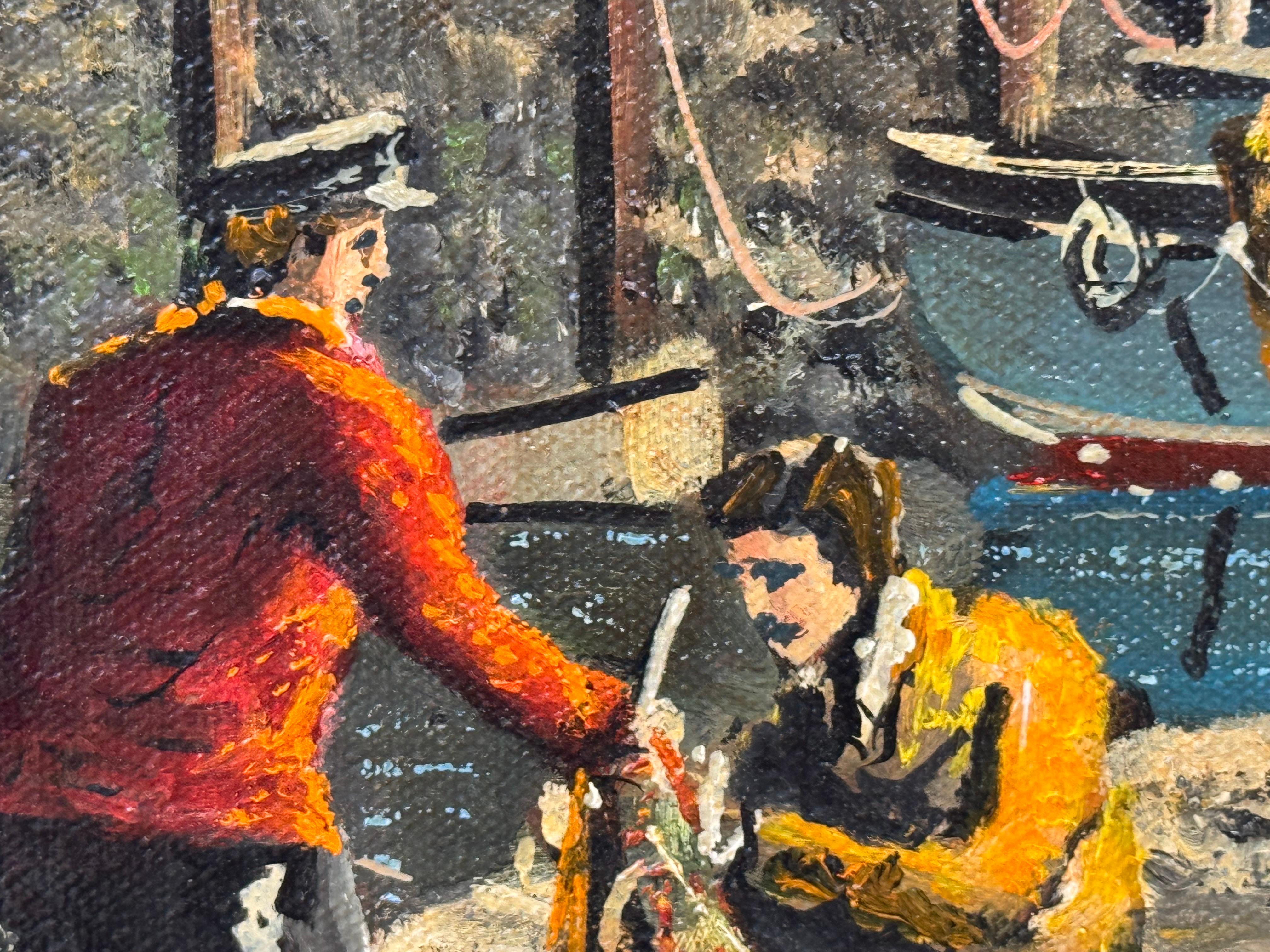 Vintage 1970's Harbour Scene with Moored Boats & Fishermen by British Artist For Sale 4
