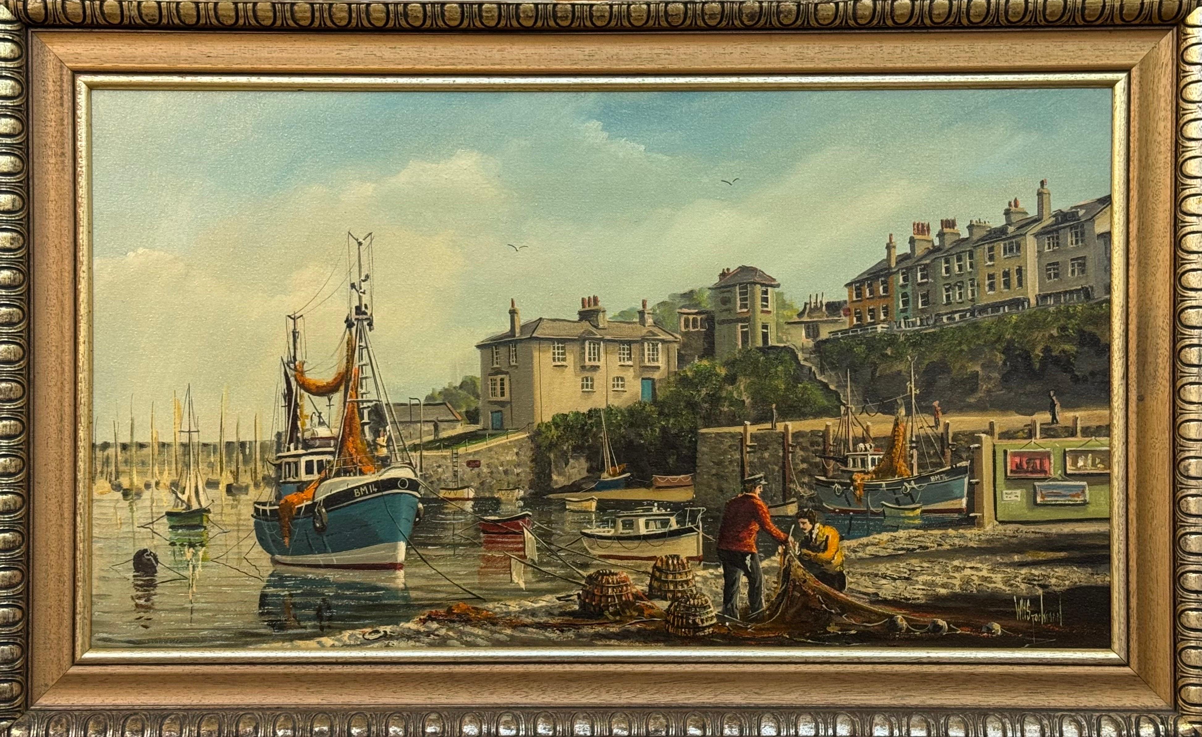 William Stockman Landscape Painting - Vintage 1970's Harbour Scene with Moored Boats & Fishermen by British Artist