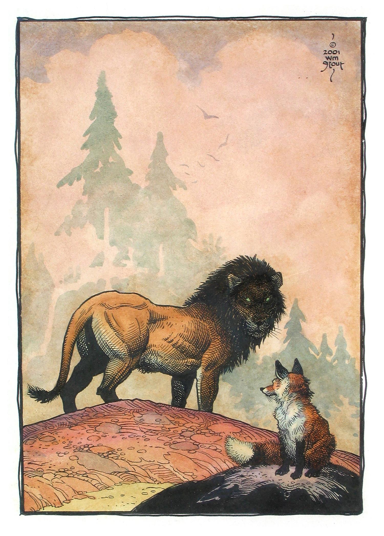 The Fox and the Lion - Painting by William Stout