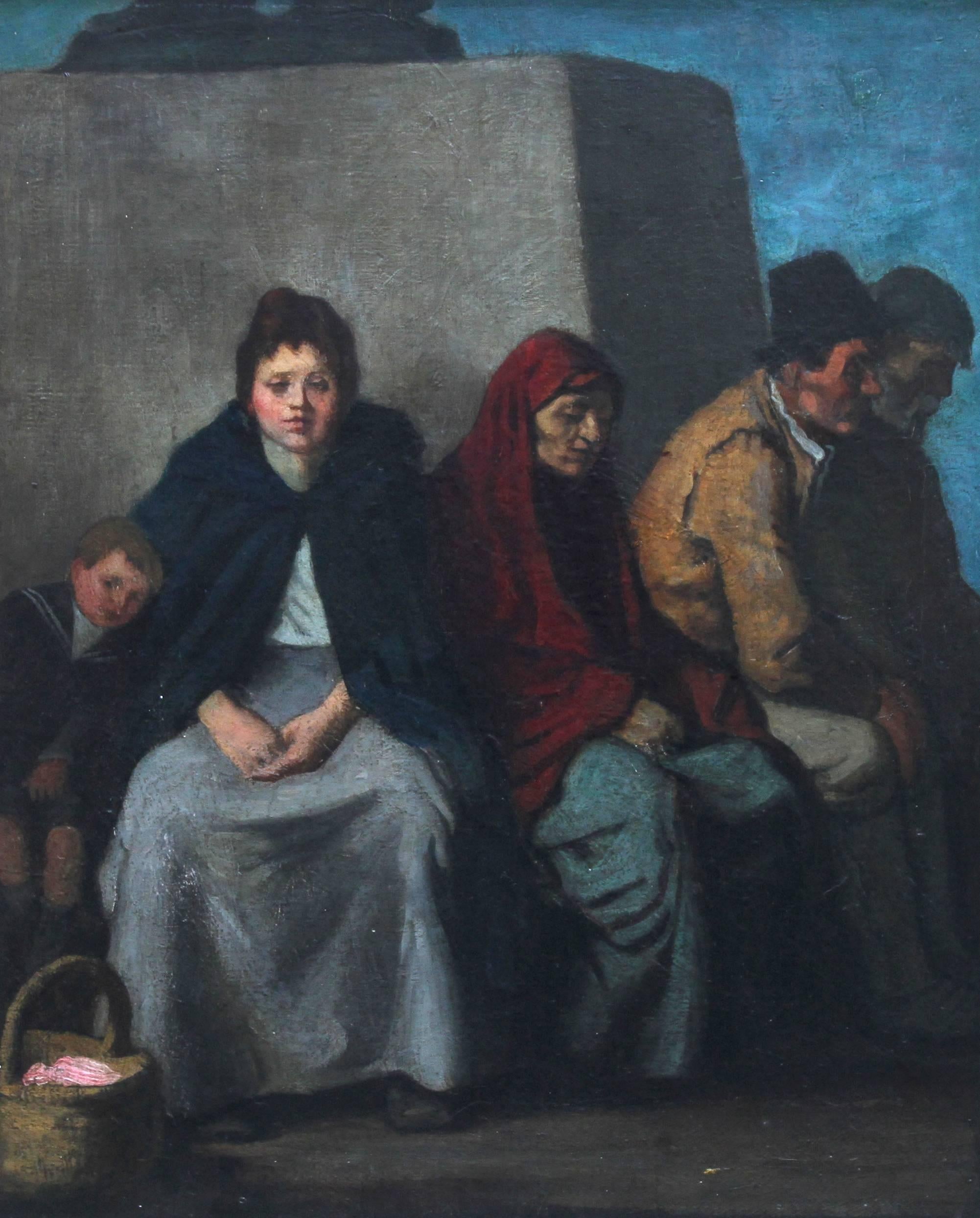 Peinture à l'huile figurative impressionniste écossaise « At the Foot of the Statue »  - Painting de William Strang, R.A., R.E.