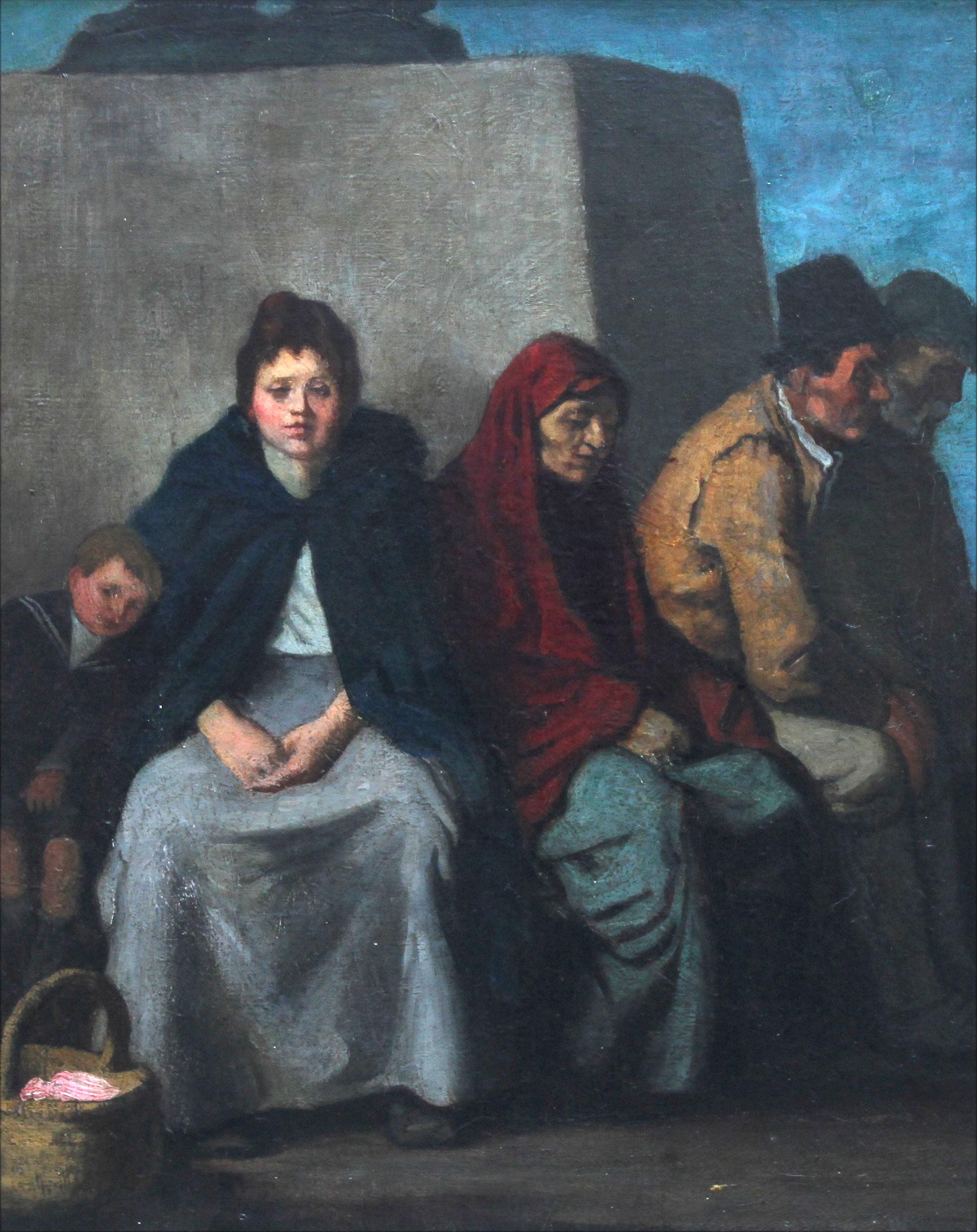 Peinture à l'huile figurative impressionniste écossaise « At the Foot of the Statue »  - Impressionnisme Painting par William Strang, R.A., R.E.