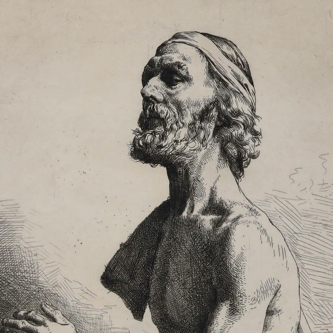 Grabado original de William Strang que representa a un modelo masculino en el estudio del artista. Firmado en plancha y firmado a lápiz en el margen inferior. Inscripción adicional en la esquina inferior izquierda. Sobre el papel.