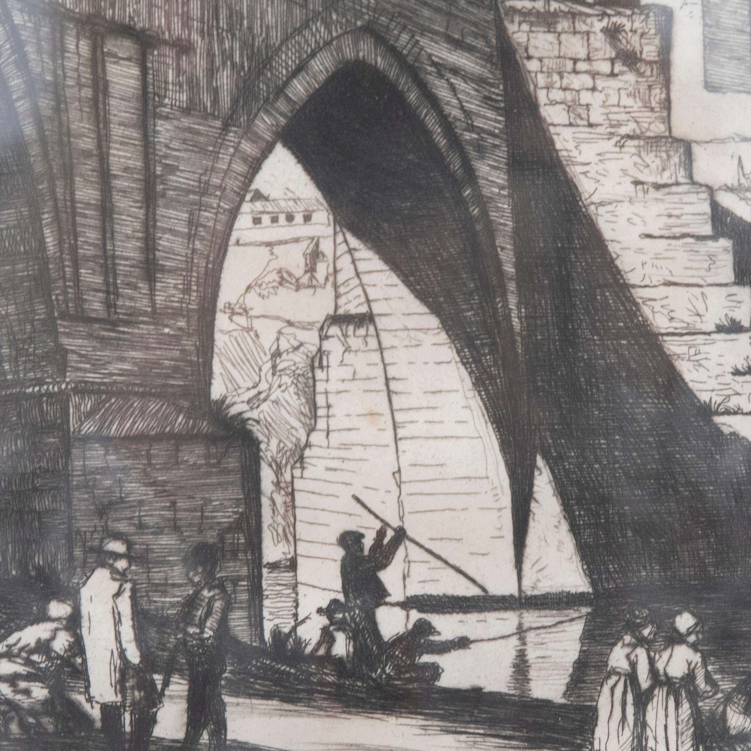 A fine depiction of Puente de Alcántara in Toledo, Spain. The bridge, which traces its origins back to Roman times crosses the River Tagus. Well presented in a simple wood frame with gilt slip. Signed in plate. On paper. 
