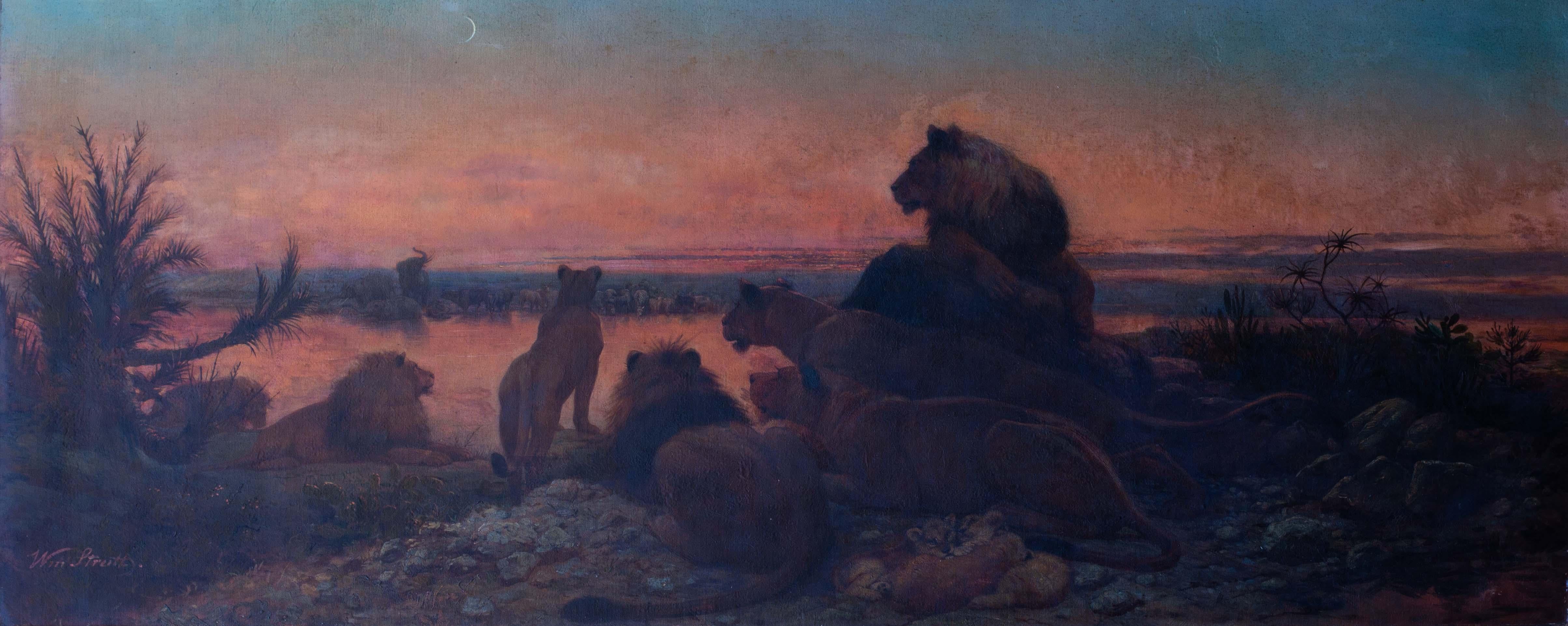 Large 19th Century oil painting of lions, elephants and zebras at watering hole - Painting by William Strutt RBA FZS