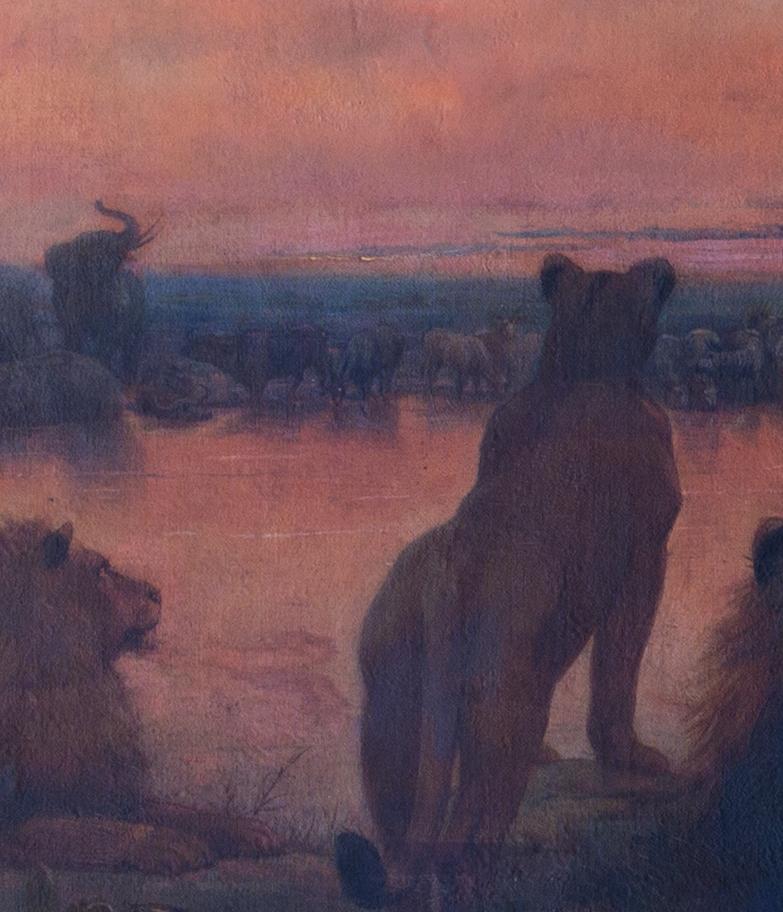 Large 19th Century oil painting of lions, elephants and zebras at watering hole - Gray Animal Painting by William Strutt RBA FZS