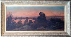 Grande peinture à l'huile du 19e siècle représentant des lions, des éléphants et des zèbres dans un trou d'eau