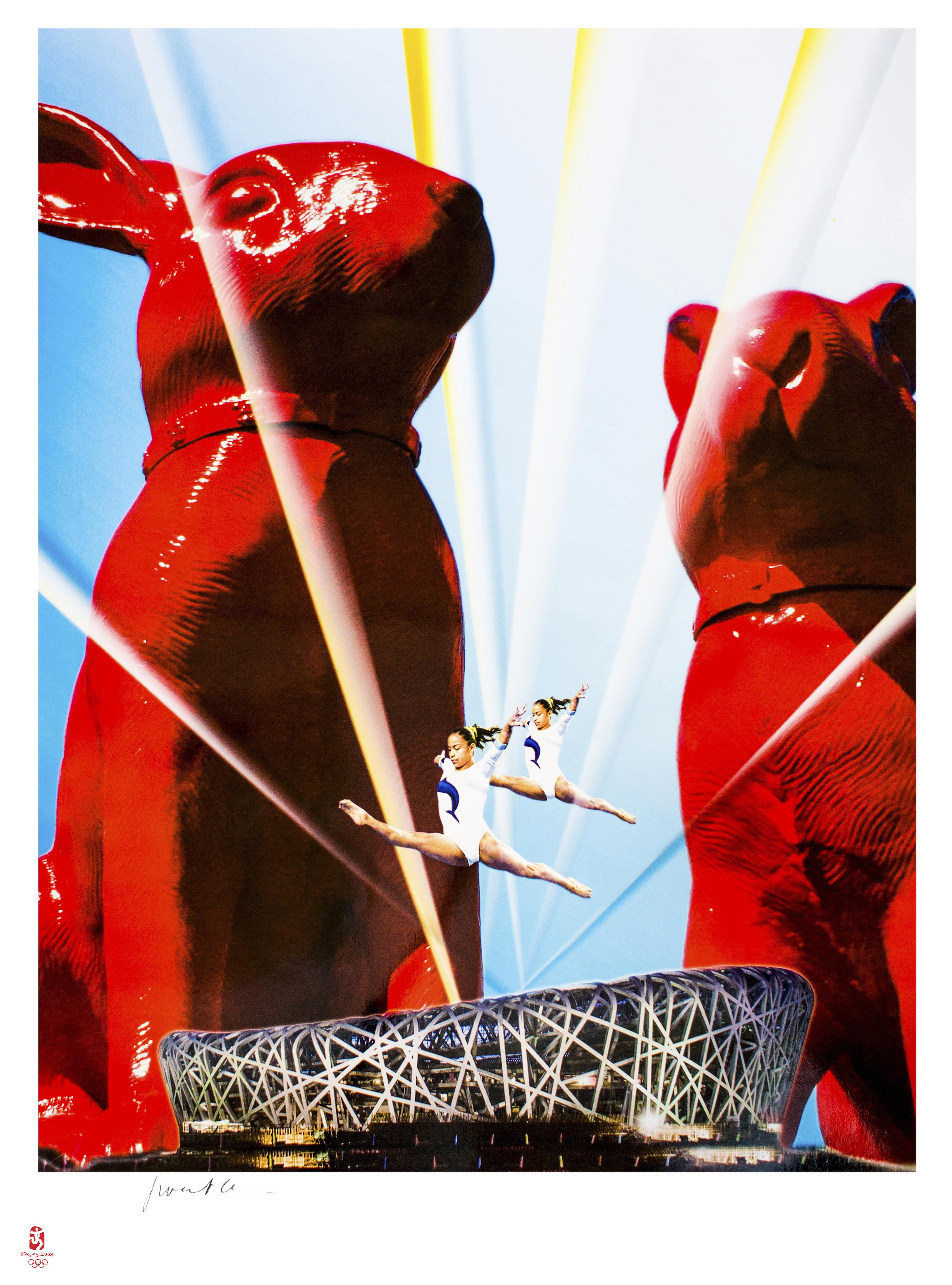 Étoiles olympiques entre lapins cloutés - Lithographie originale de W. Sweetlove -2008
