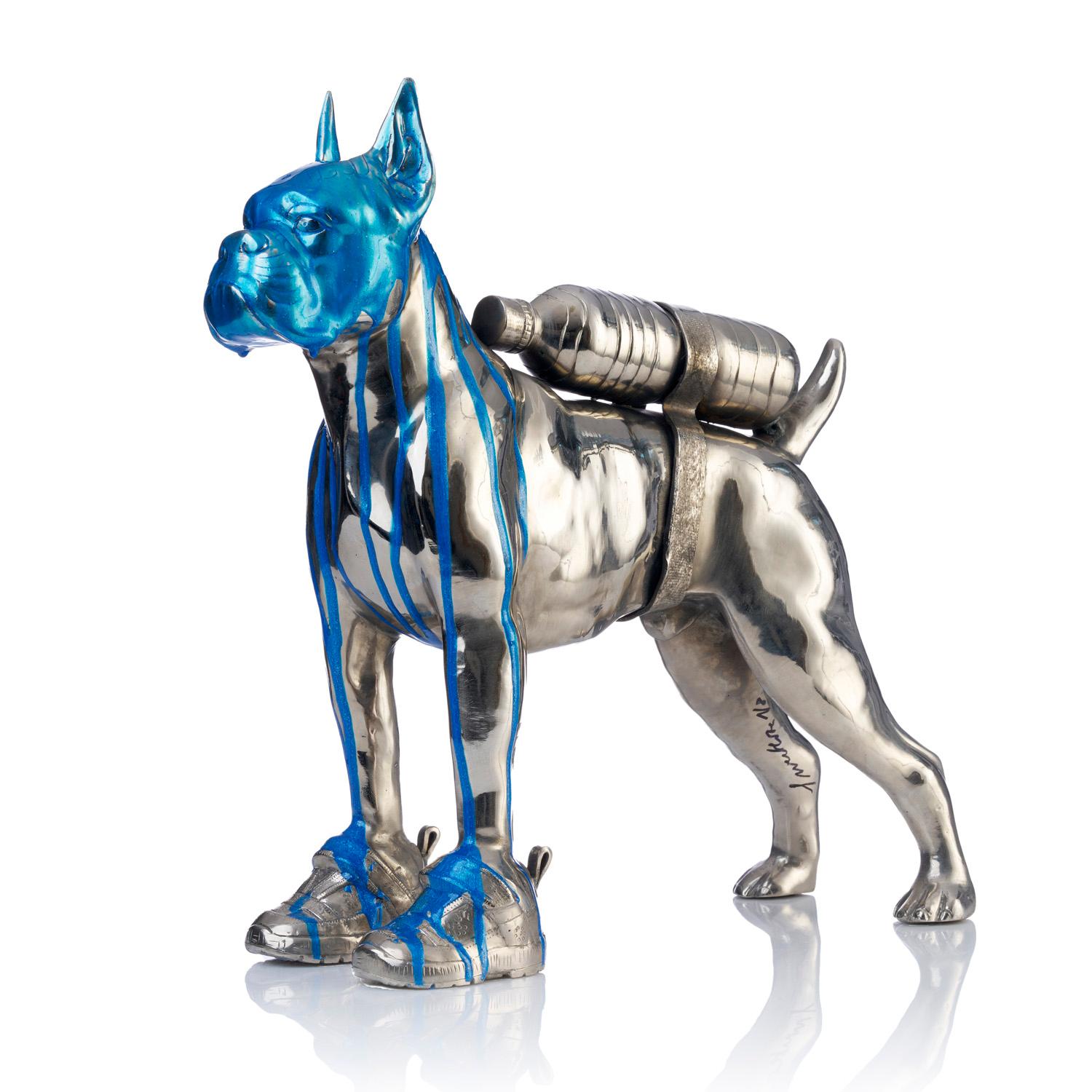 Cloned Bulldog with pet bottle (blue metallic) - Sculpture by William Sweetlove
