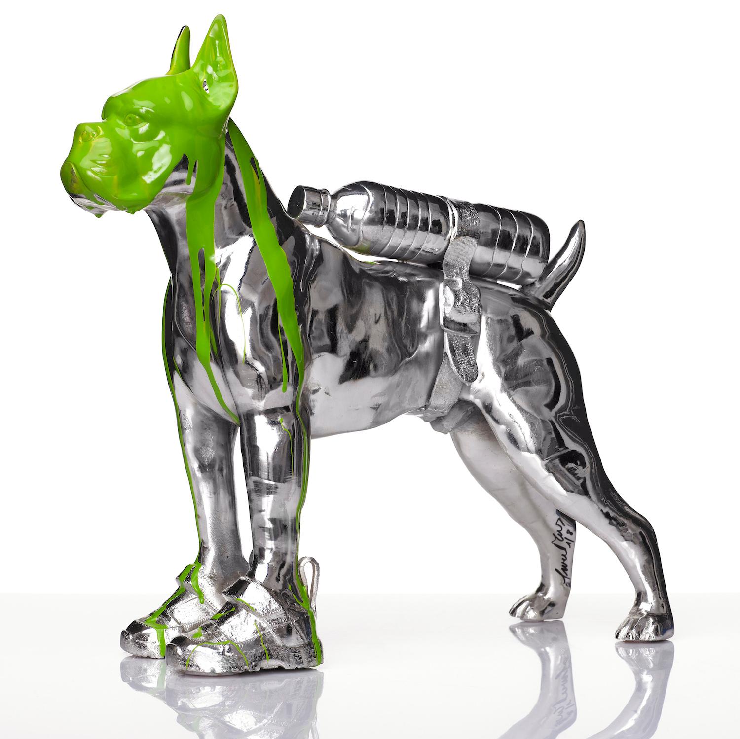 William Sweetlove. Cloned Bulldog with pet bottle. 
Original sculpture 4/8 ex.
2011 - 2020.
Silver plated bronze.
Acquired directly from the artist.
Free shipment worldwide.

William Sweetlove, born in Ostend, Belgium, in 1949, unites dadaism with