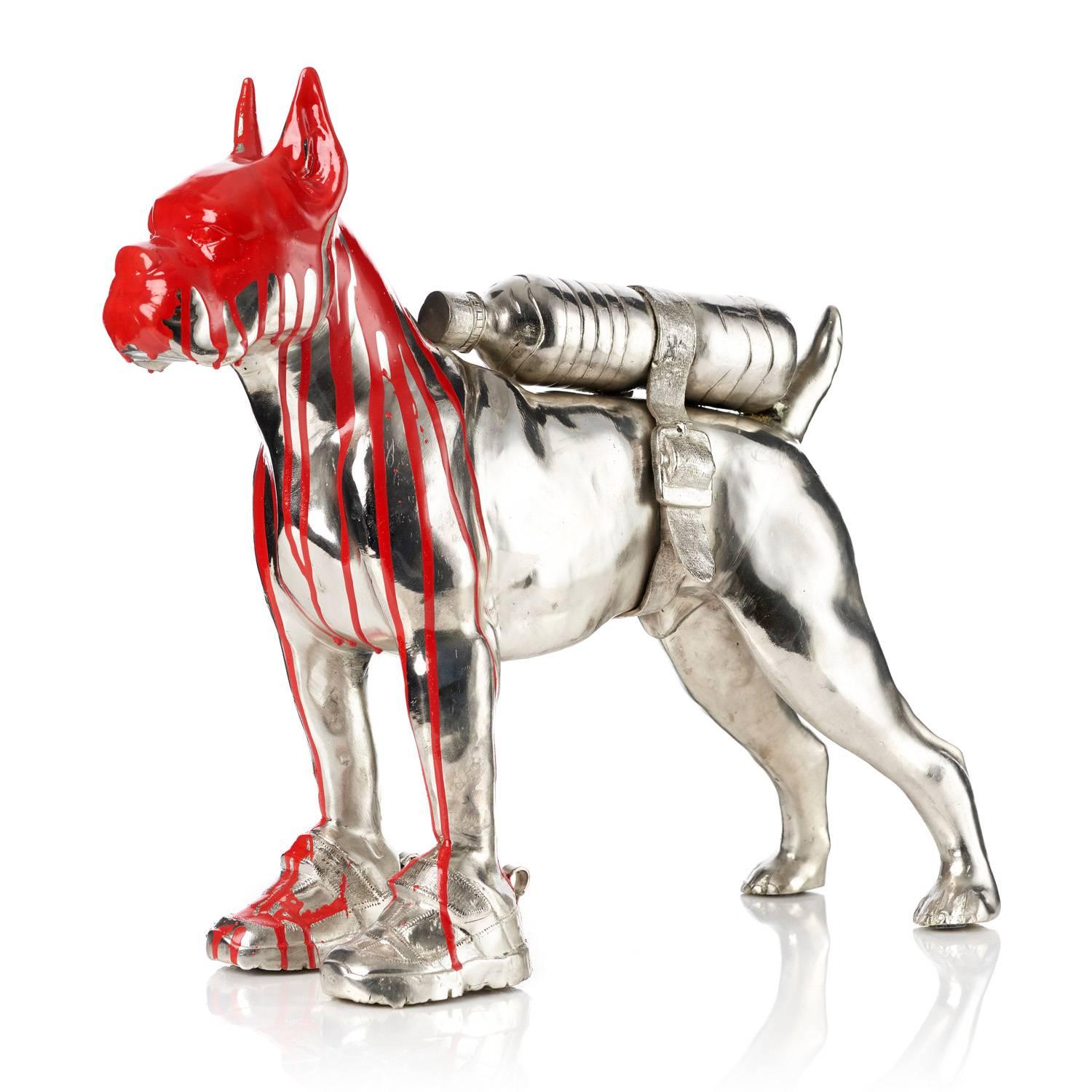 William Sweetlove Figurative Sculpture - Cloned Bulldog with pet bottle (red)