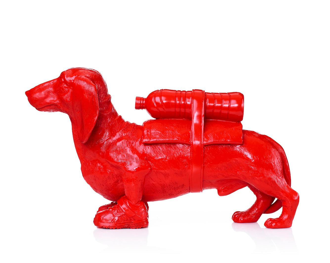 Cloned Dachshund with pet bottle.  - Pop Art Sculpture by William Sweetlove