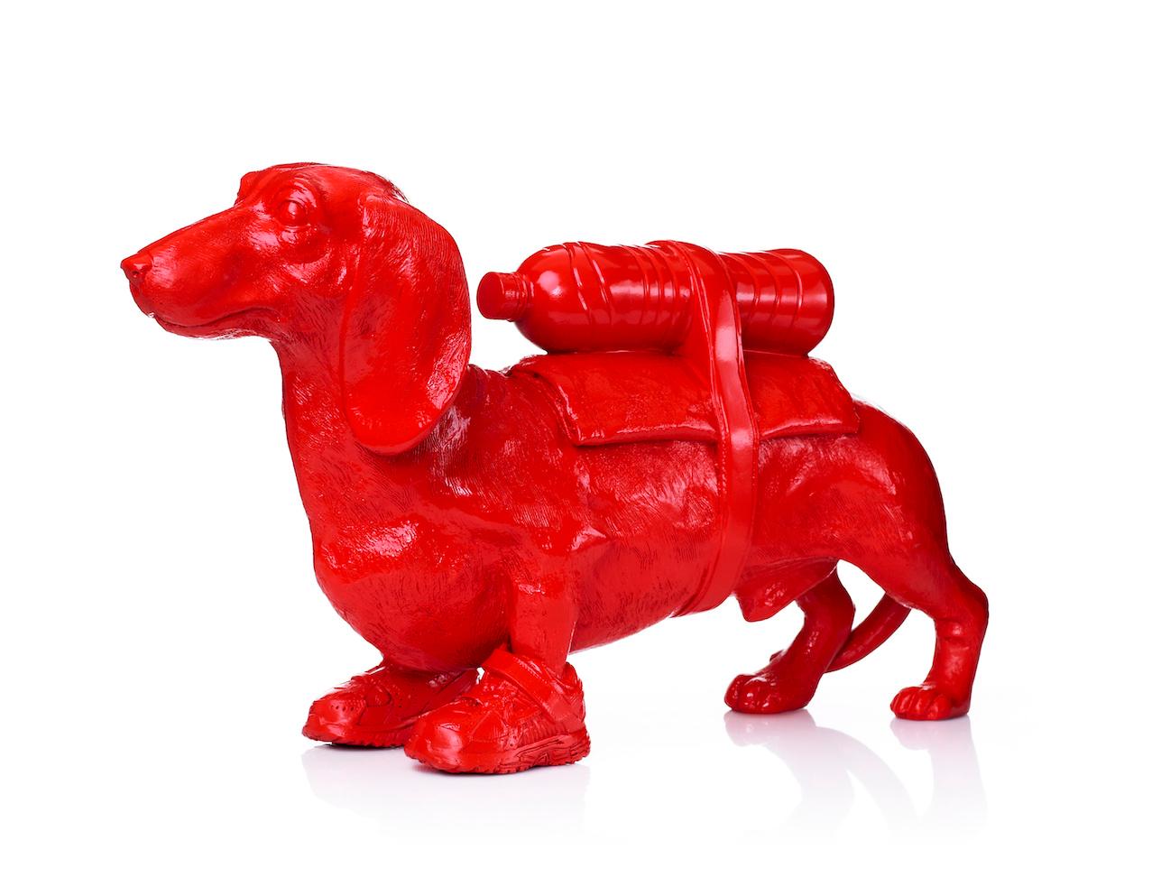 Cloned Dachshund with pet bottle.  - Sculpture by William Sweetlove