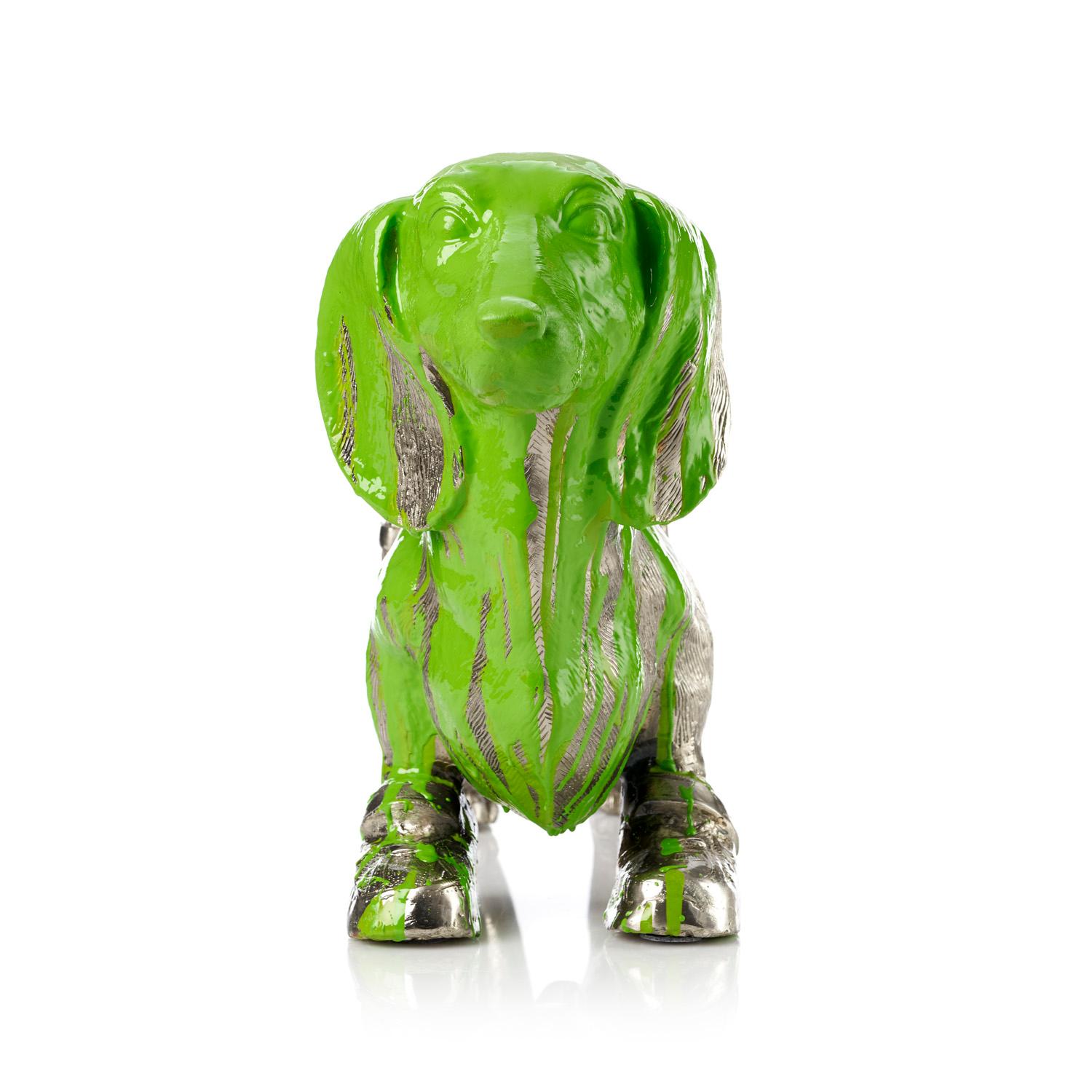 Cloned Dachshund with pet bottle (green) - Pop Art Sculpture by William Sweetlove