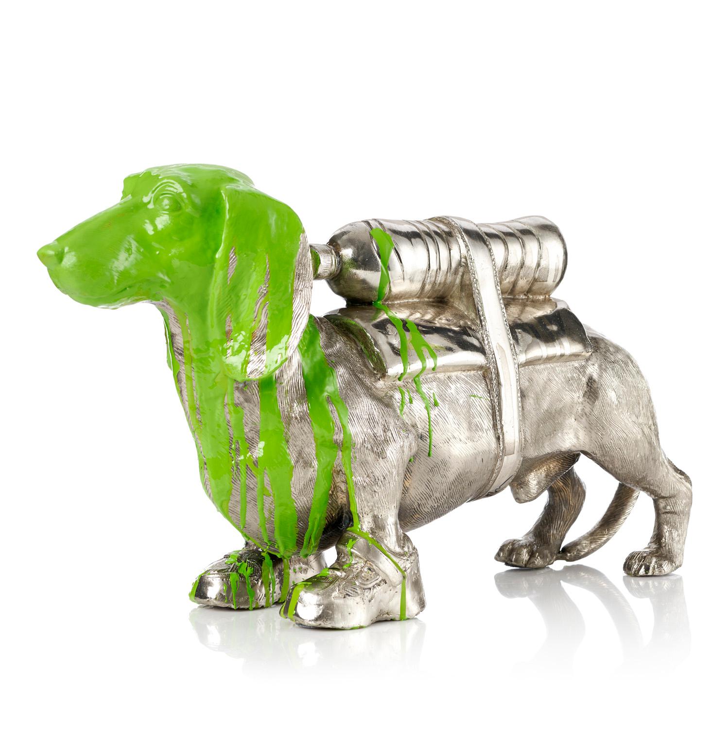 Cloned Dachshund with pet bottle (green) - Sculpture by William Sweetlove